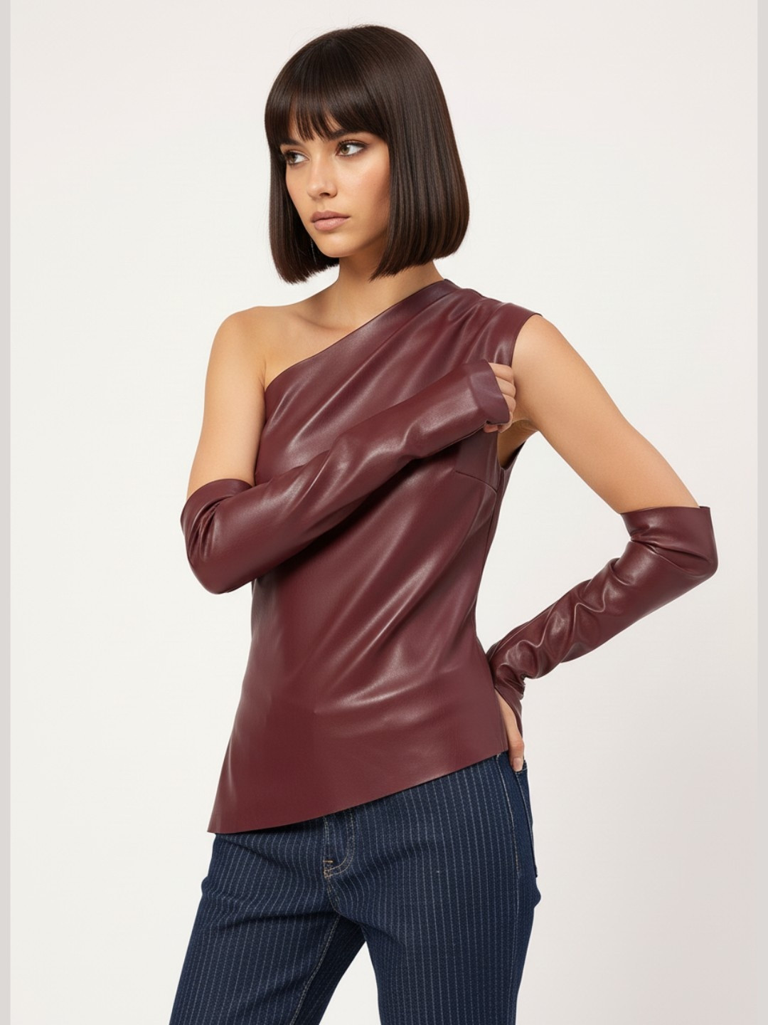 DressBerry Glossed-Up Faux Leather Asymmetric Top With Hand Gloves