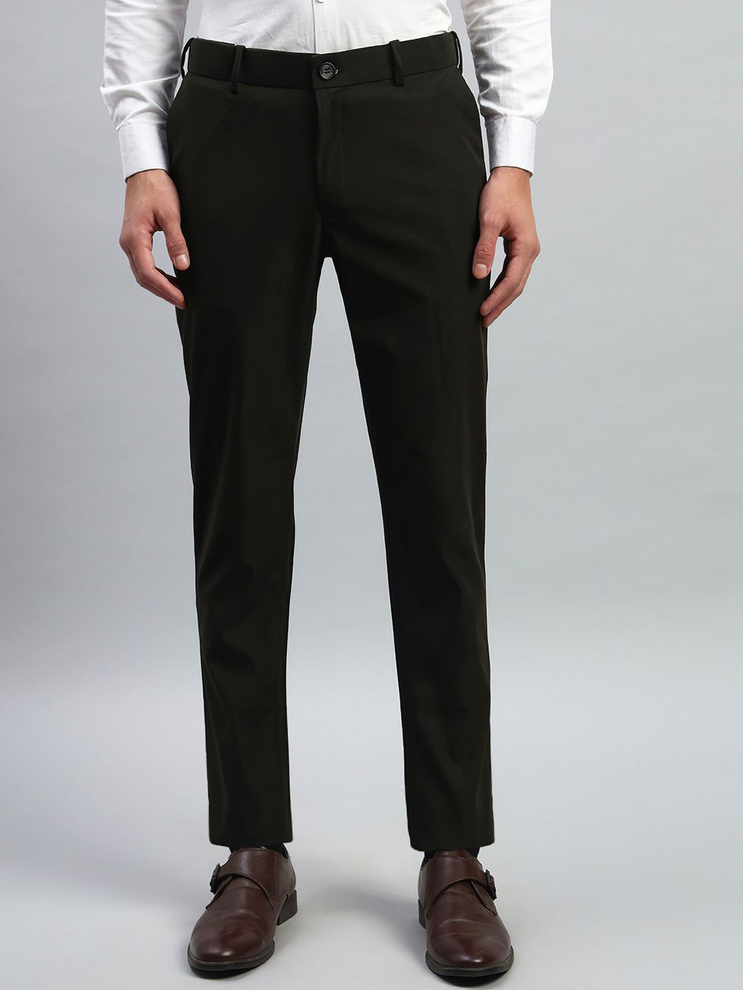 AXNIS Men Solid Slim Fit Wrinkle-Resistant Formal Trousers with Stretchable Waistband
