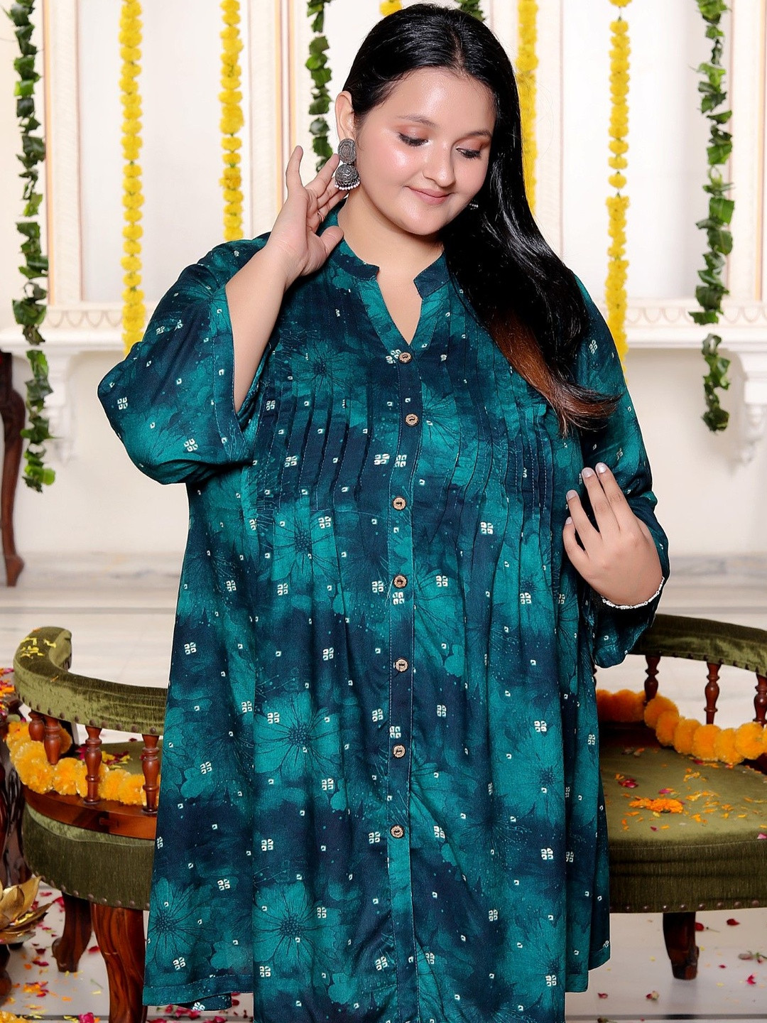 KALINI Women Printed Button Placket Cotton Plus Size Dress