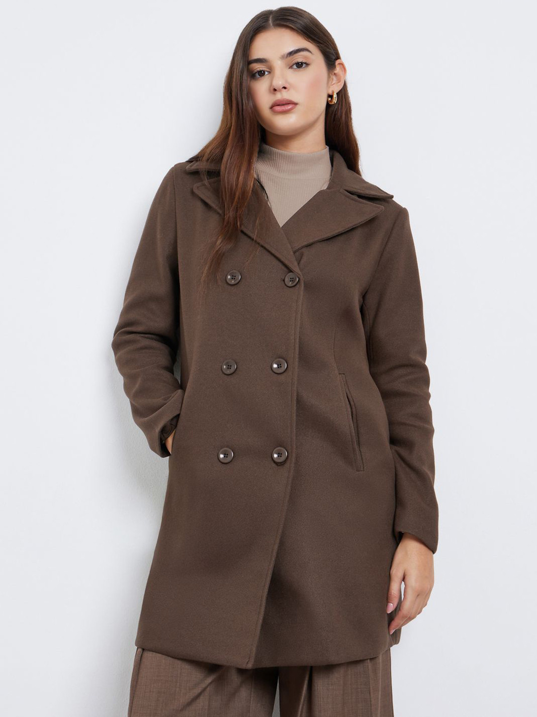 Styli Women Notched Lapel Collar Double Breasted Long Line Woolen Overcoat