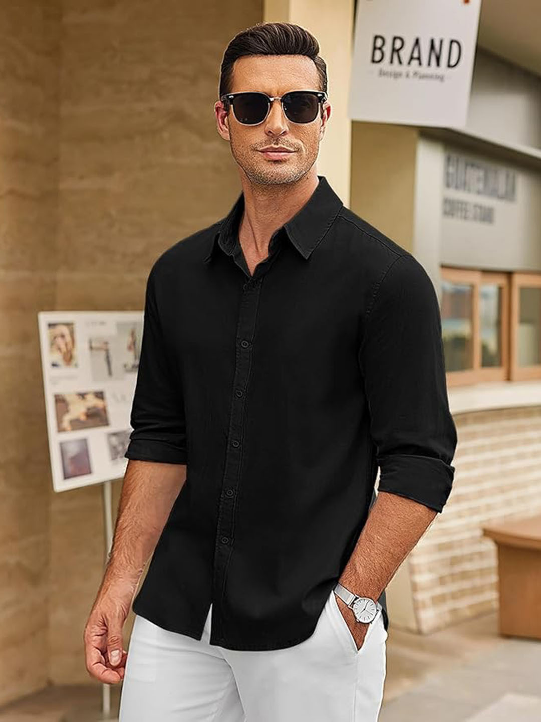 CB-COLEBROOK Men Solid Spread Collar Linen Casual Shirt