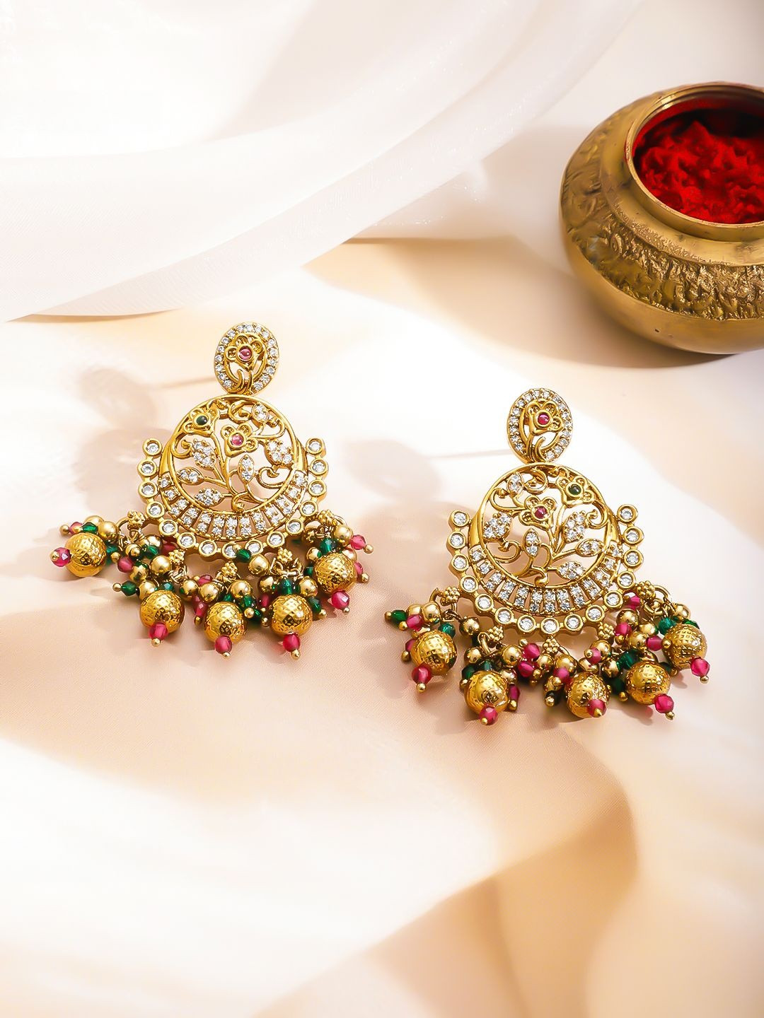 Women 22K Gold-Plated Ruby Red & Emerald, CZ Studded and Beaded Chandbali Earrings