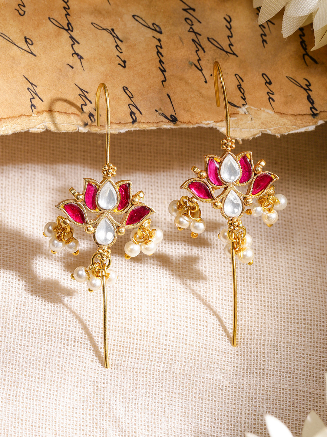 Rubans 22K Gold-Plated Ruby Pink & White Kundan Lotus Design Ear Cuff with Pearl Beads