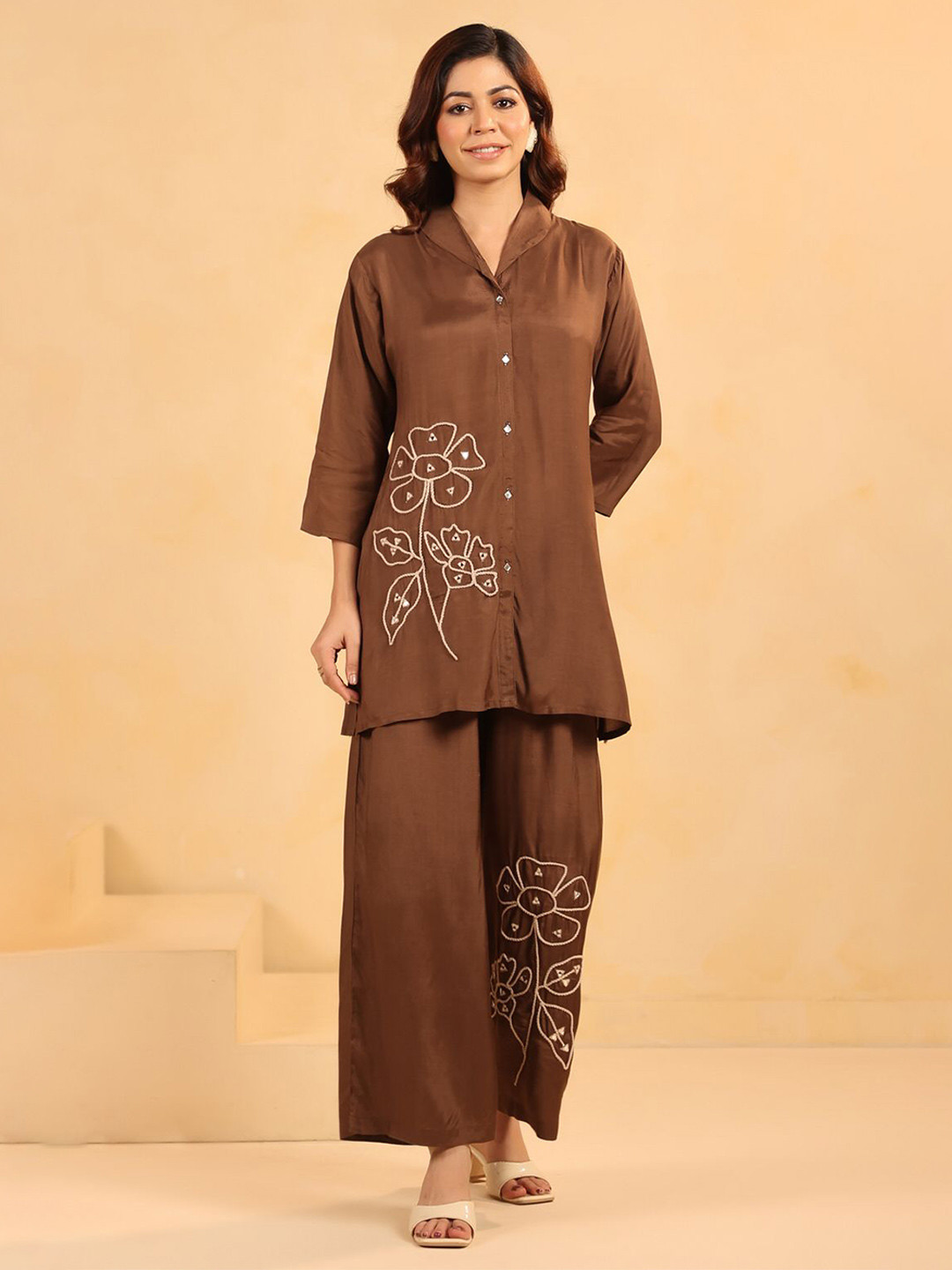 JISORA Embroidered Shawl Neck Russian Silk Tunic With Palazzo Co-Ords