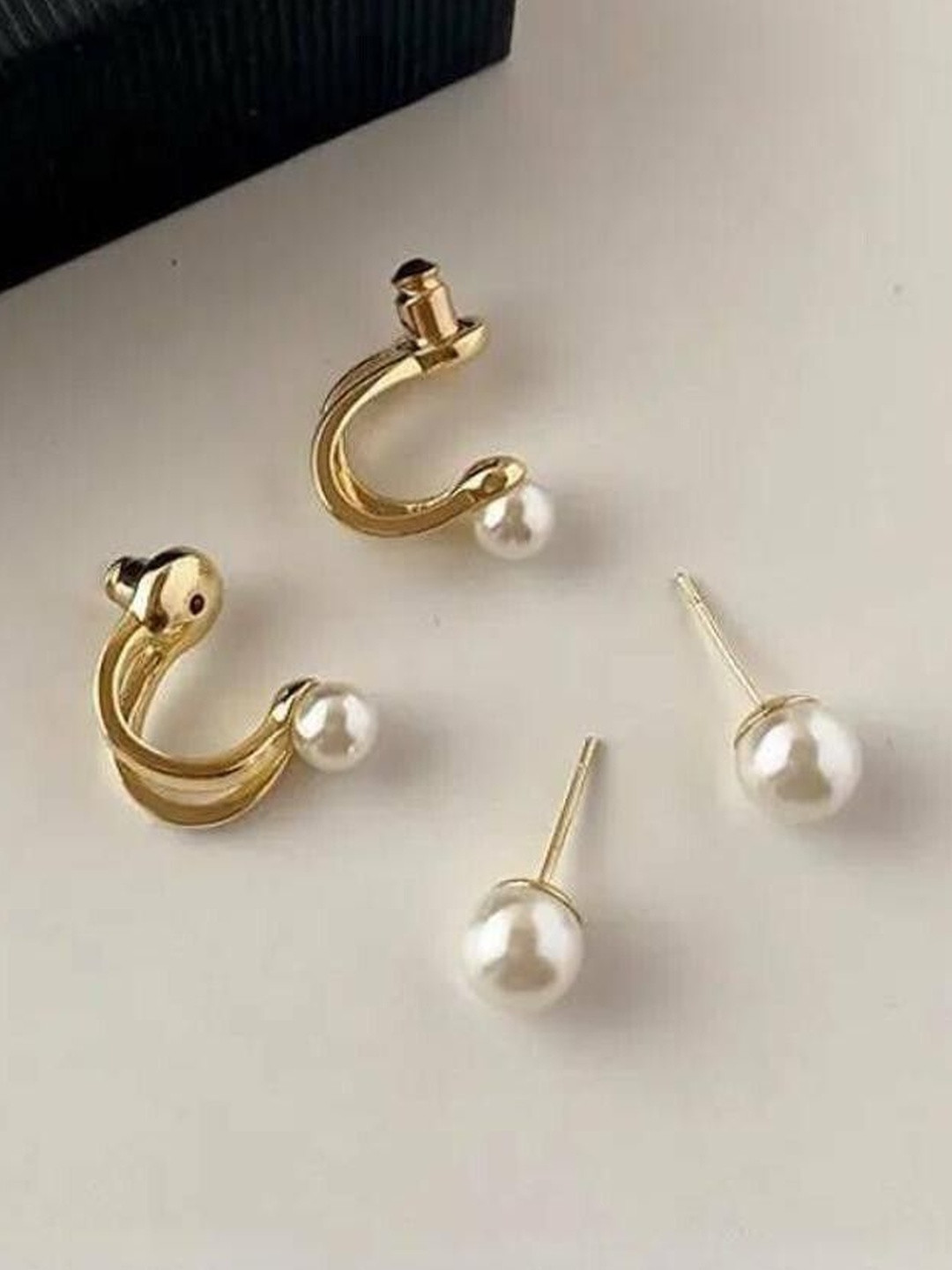 Jewelfy Gold-Plated Pearls Beaded Korean Double Sided Contemporary Studs