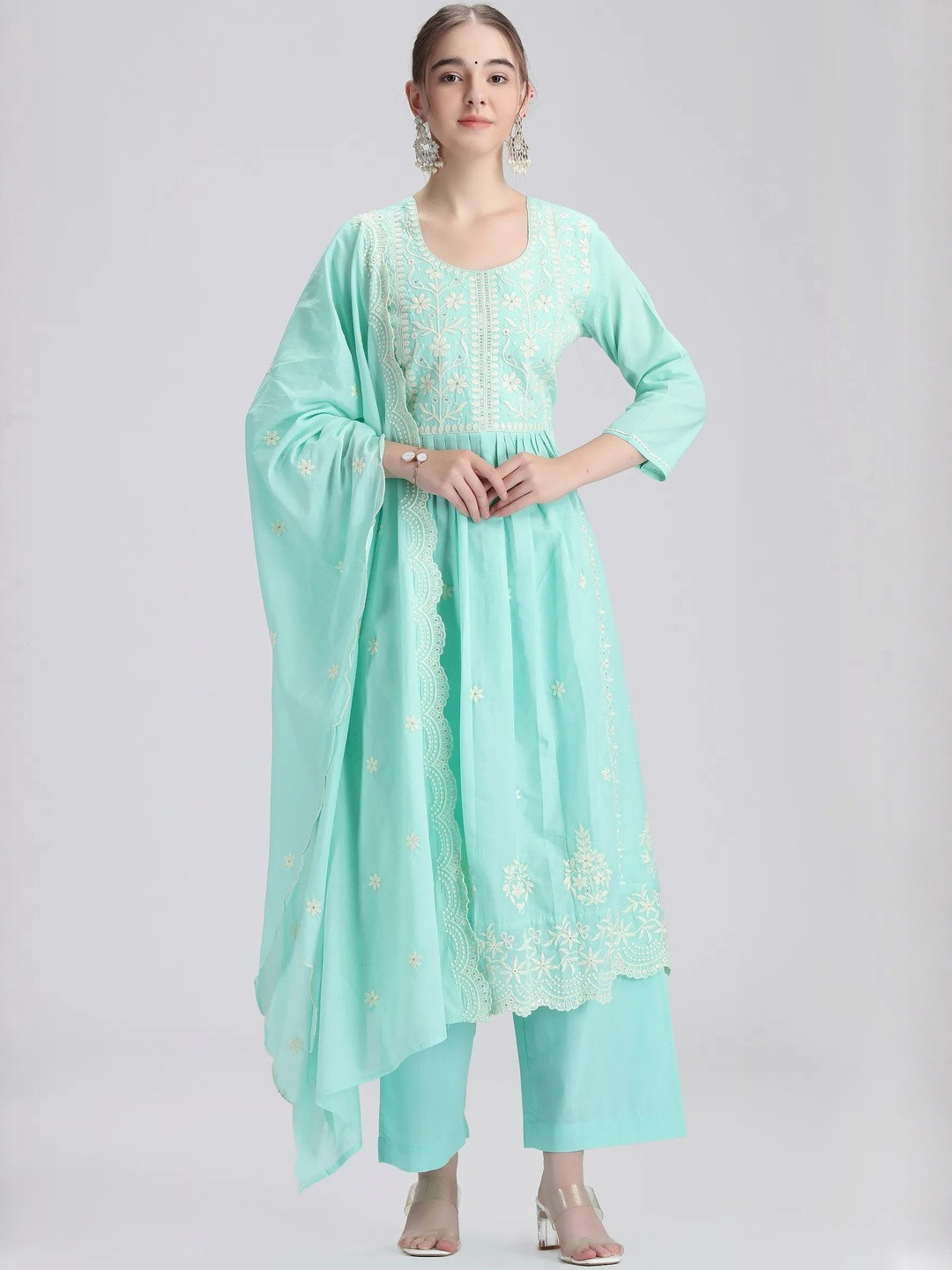COTTON CULTURE Floral Embroidered Thread Work Pleated Anarkali Pure Cotton Kurta Set