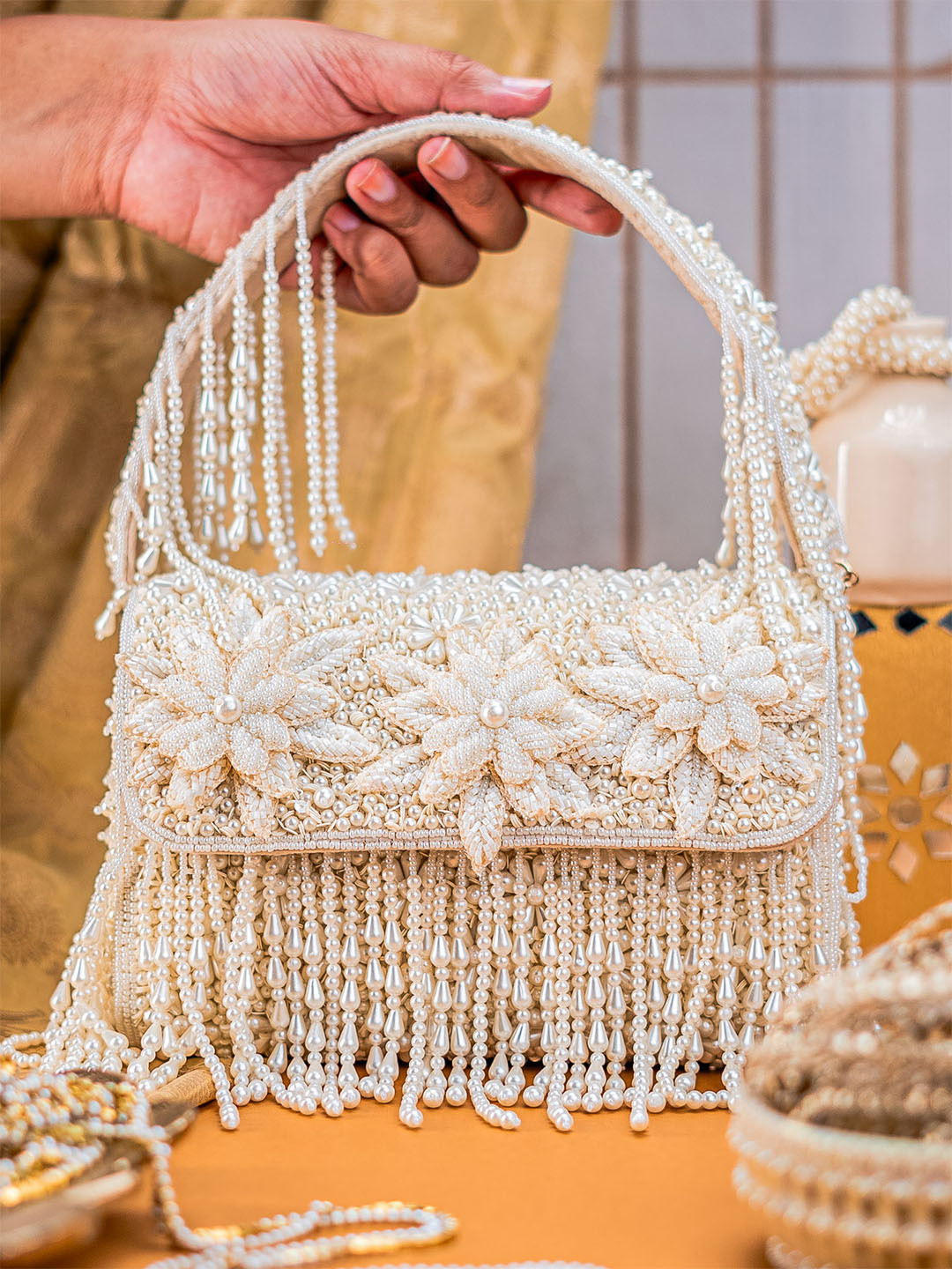 NR By Nidhi Rathi Floral Embellished Foldover Clutch