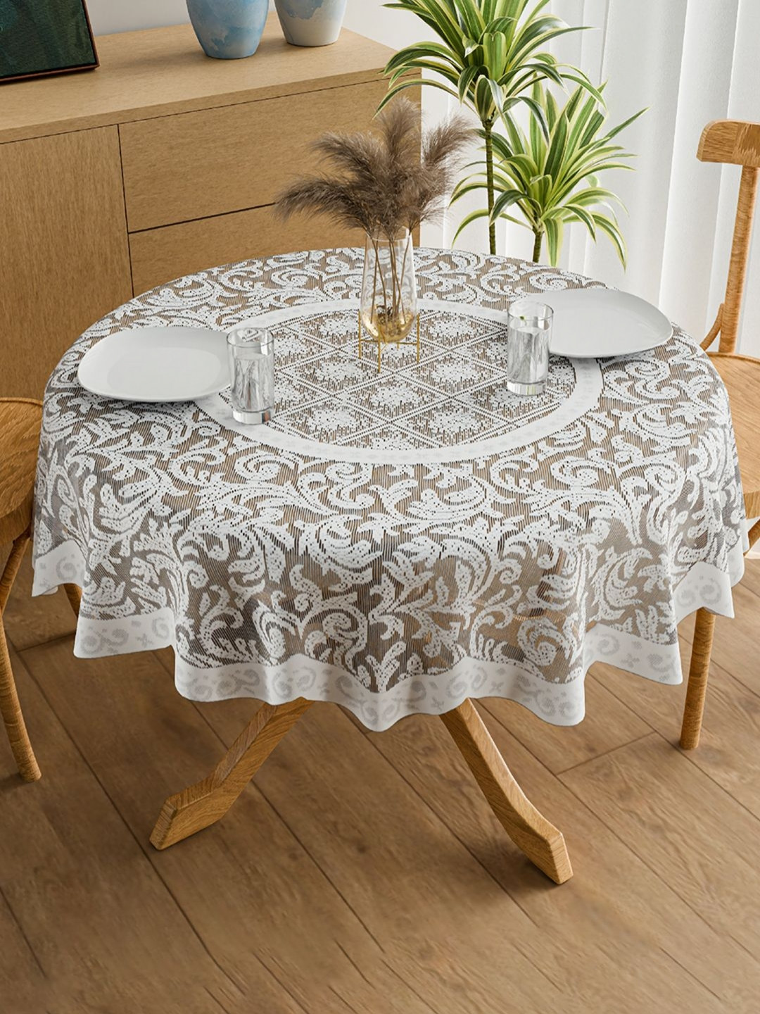 Aura Grey & White Floral Self Design Cotton Net Anti-Skid Round 4-Seater Table Cover