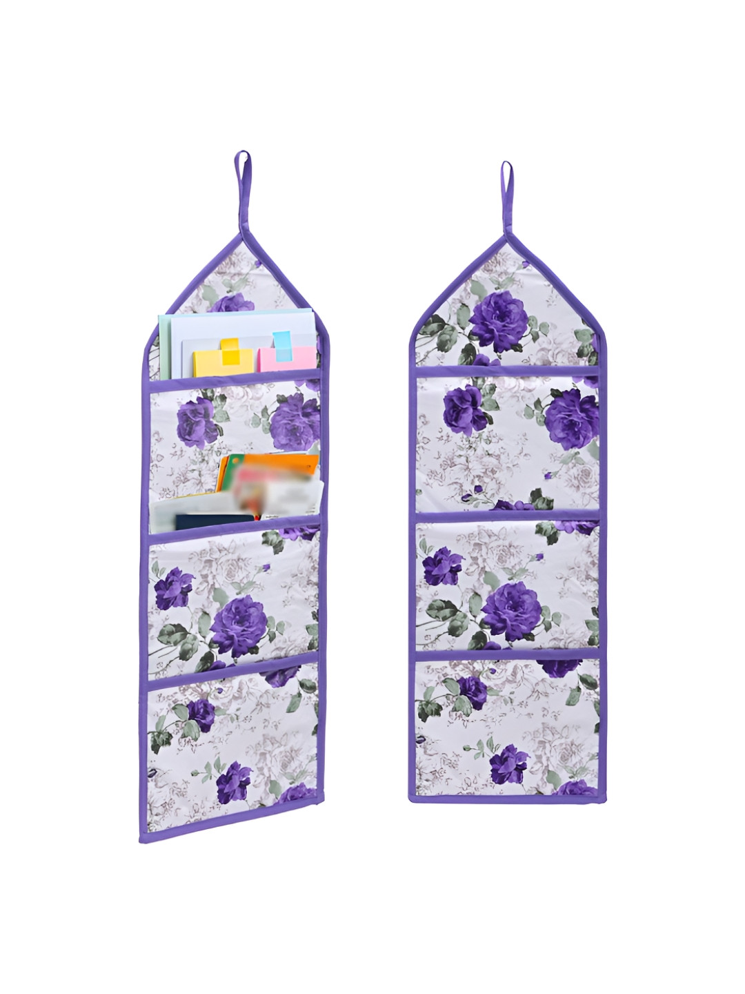Aura Purple & White 2 Pieces Printed Hanging Magazine Organisers With 3 Pockets