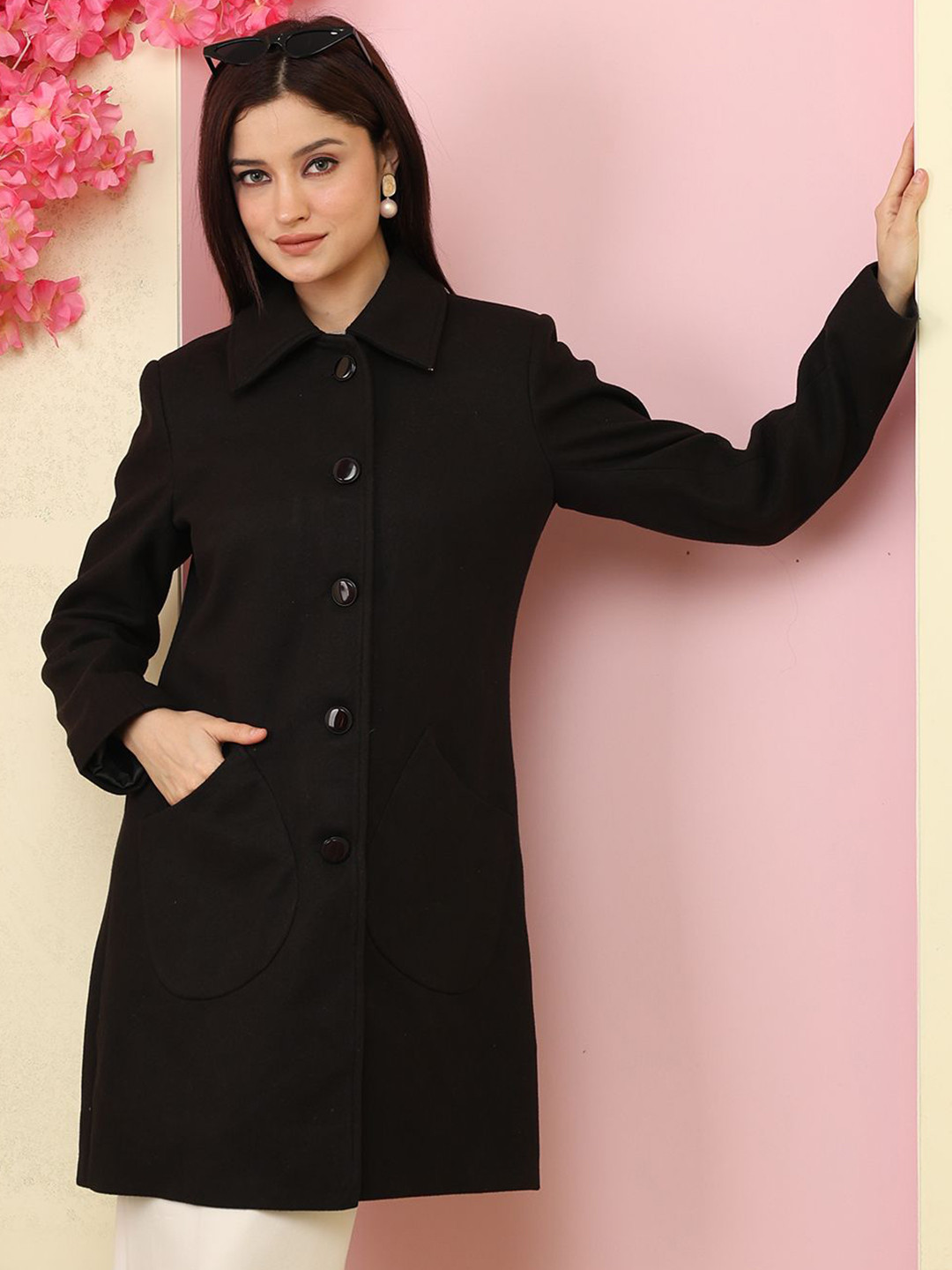Mast & Harbour Women Spread Collar Single-Breasted Longline Overcoats