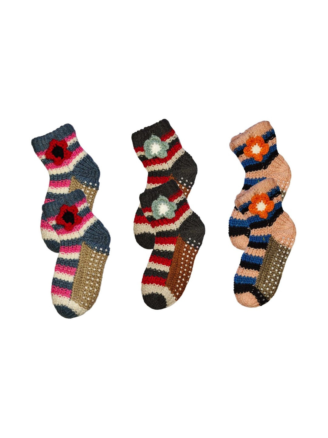 Cute Collection Kids Pack Of 3 Multi-Colored Anti Skid Woolen Socks
