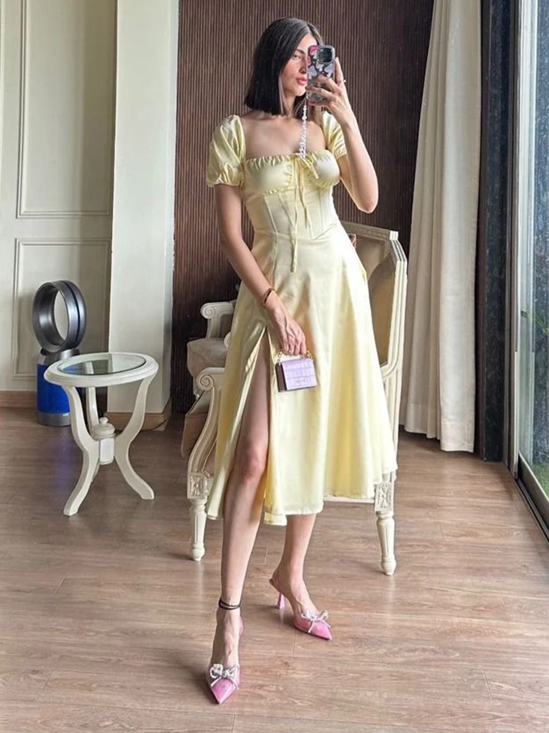 Label By Anuja Women's Puff Sleeve Fit & Flare Slit Midi Dress