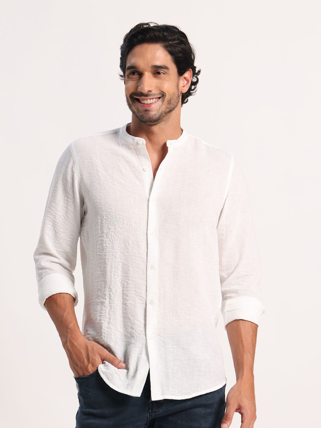 PANIT Men Classic Fit Solid Mandarin Collar Casual Shirt