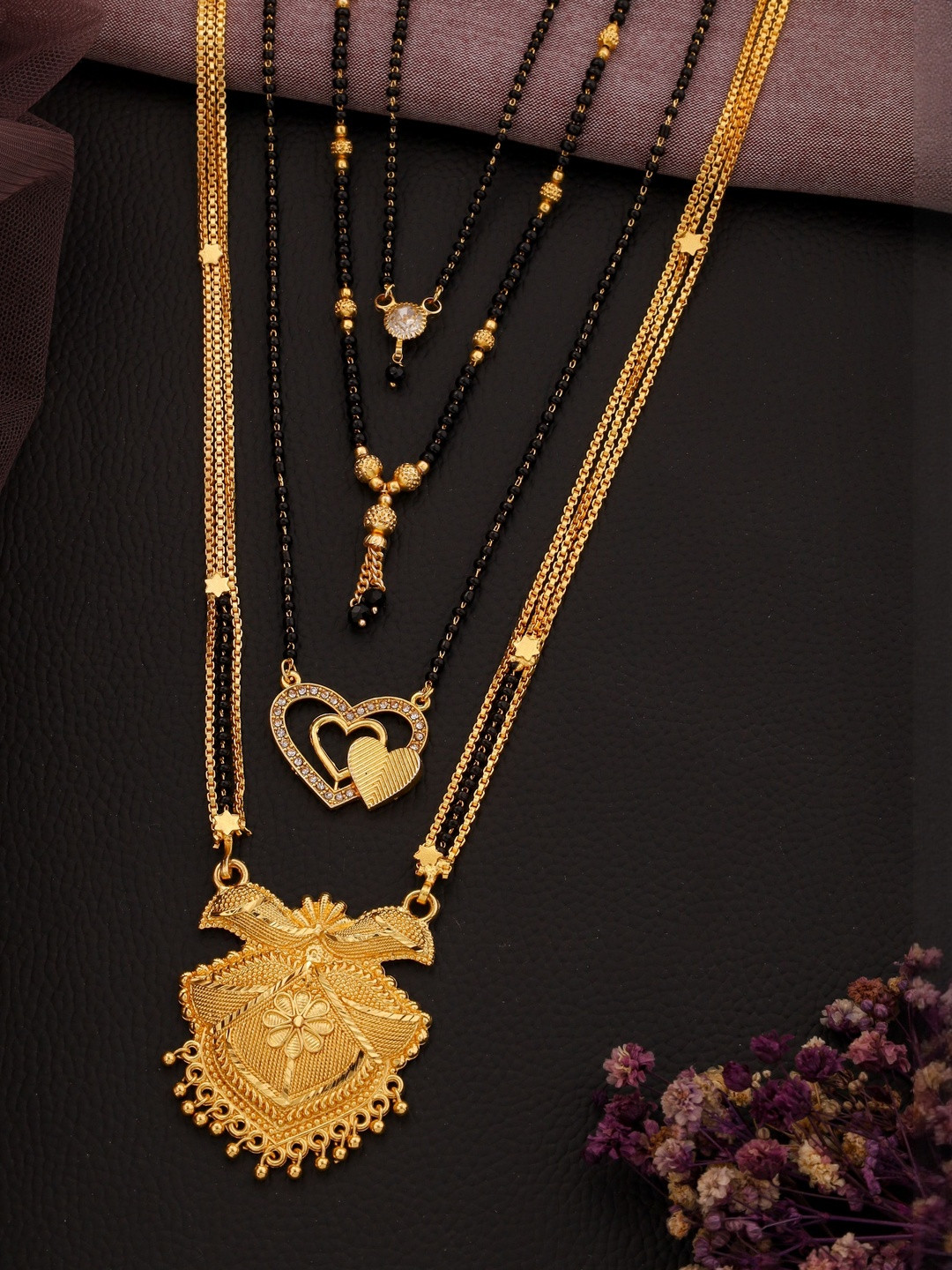 Bhanu diamSet Of 4 Gold-Plated Artificial Stones Studded And Beaded Mangalsutra