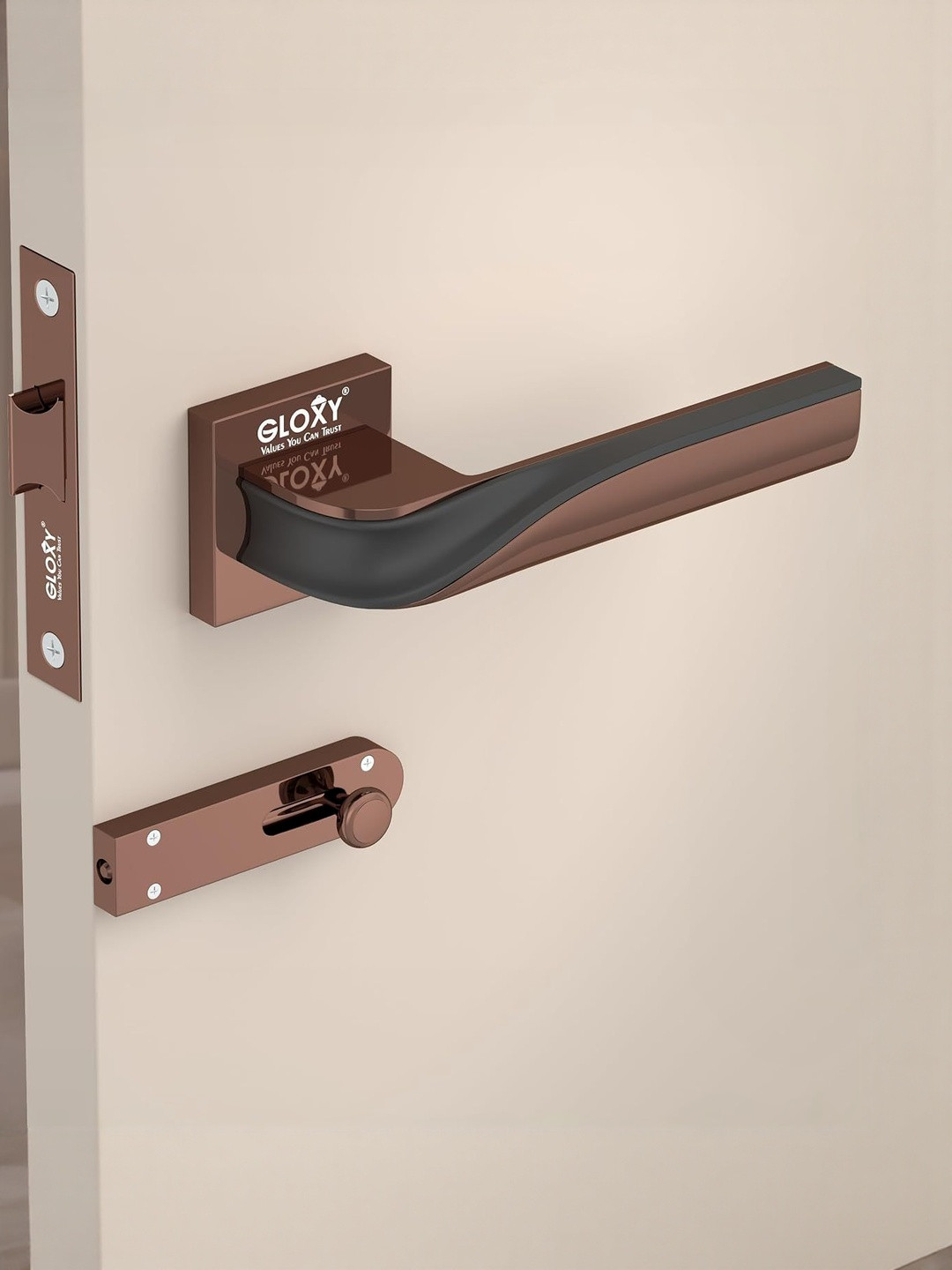 GLOXY Brass Mortise Rose-Gold Finish Keyless Door Locks Handle Set with Baby Latch