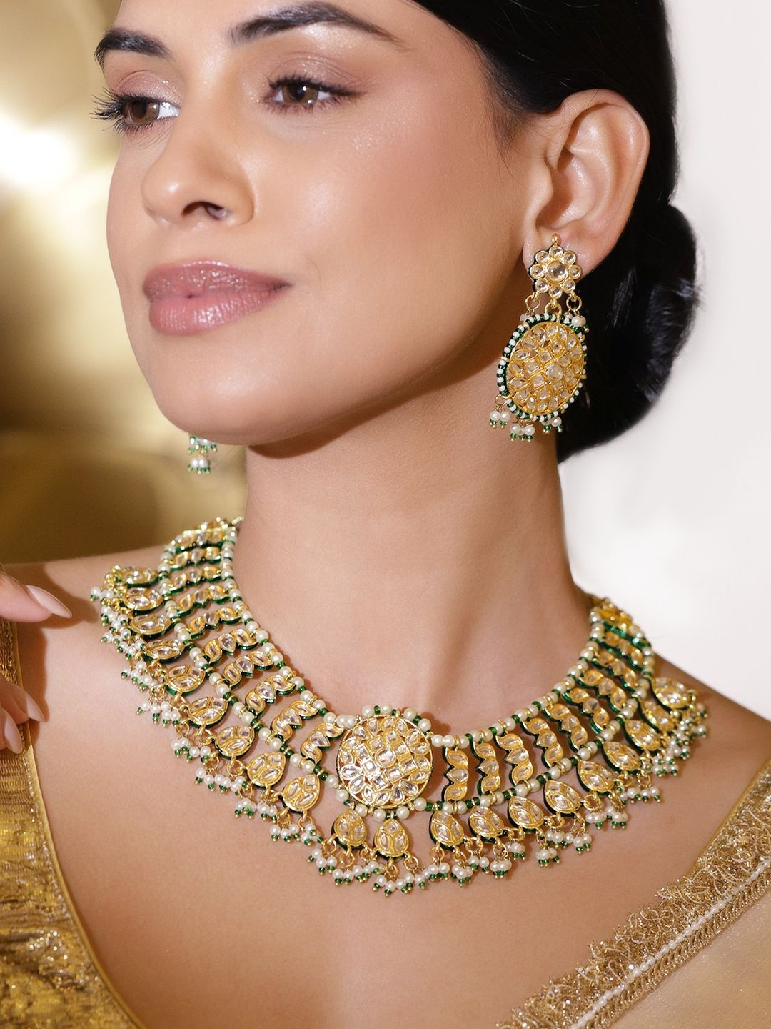 Women 24K Gold-Plated White Kundan & Green & White Pearls Beaded Handcrafted Necklace Set