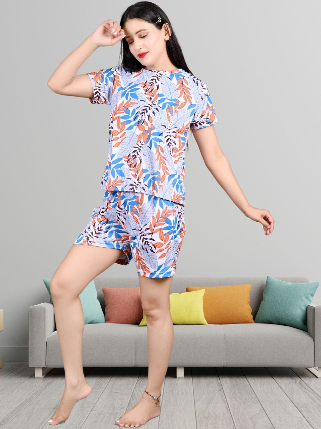 Clothus Women Orange Satin Printed Round Neck Short Sleeves Night suits