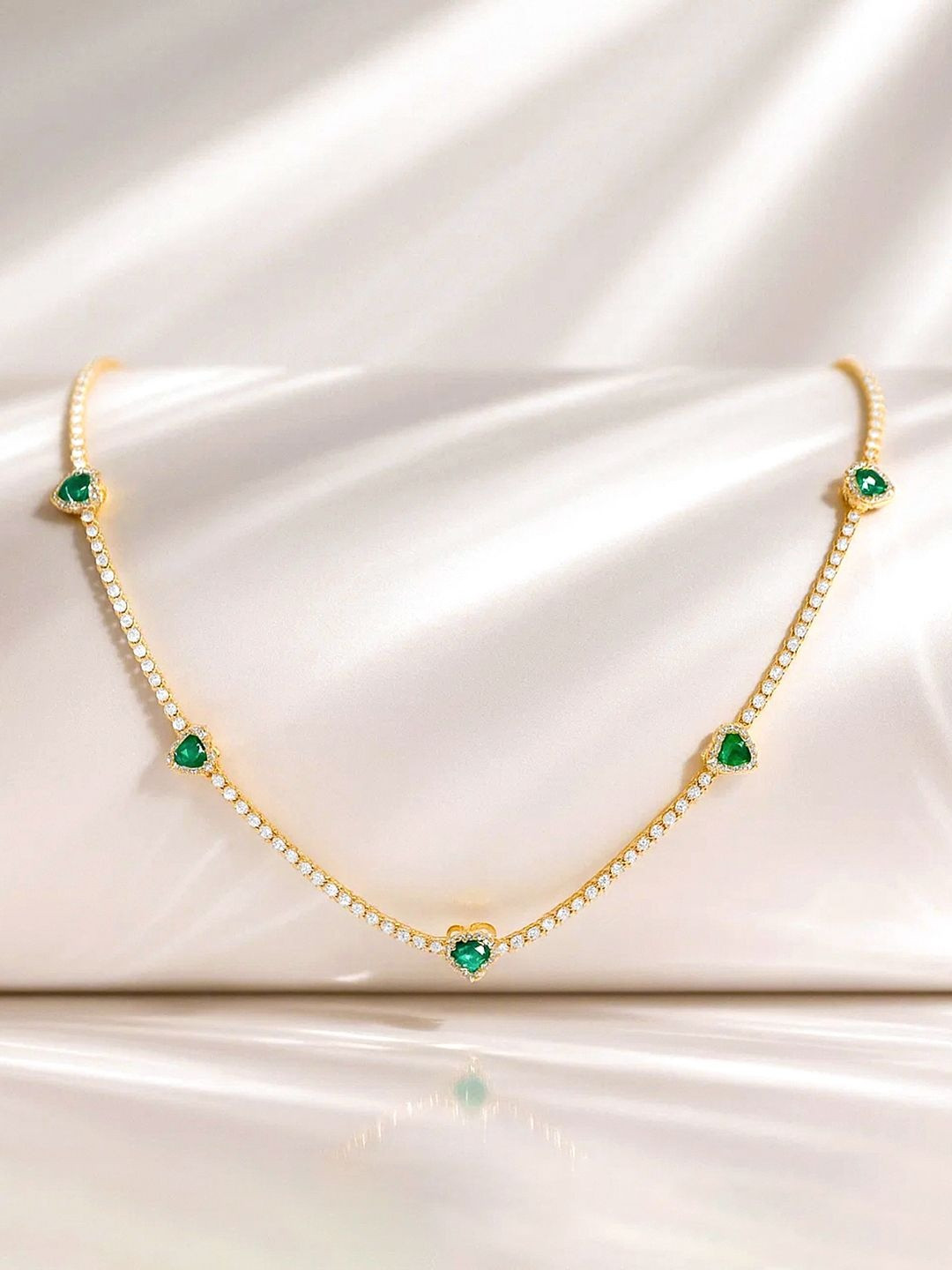 Rubans 18K Gold-Plated Emerald & Cubic Zirconia Studded Necklace