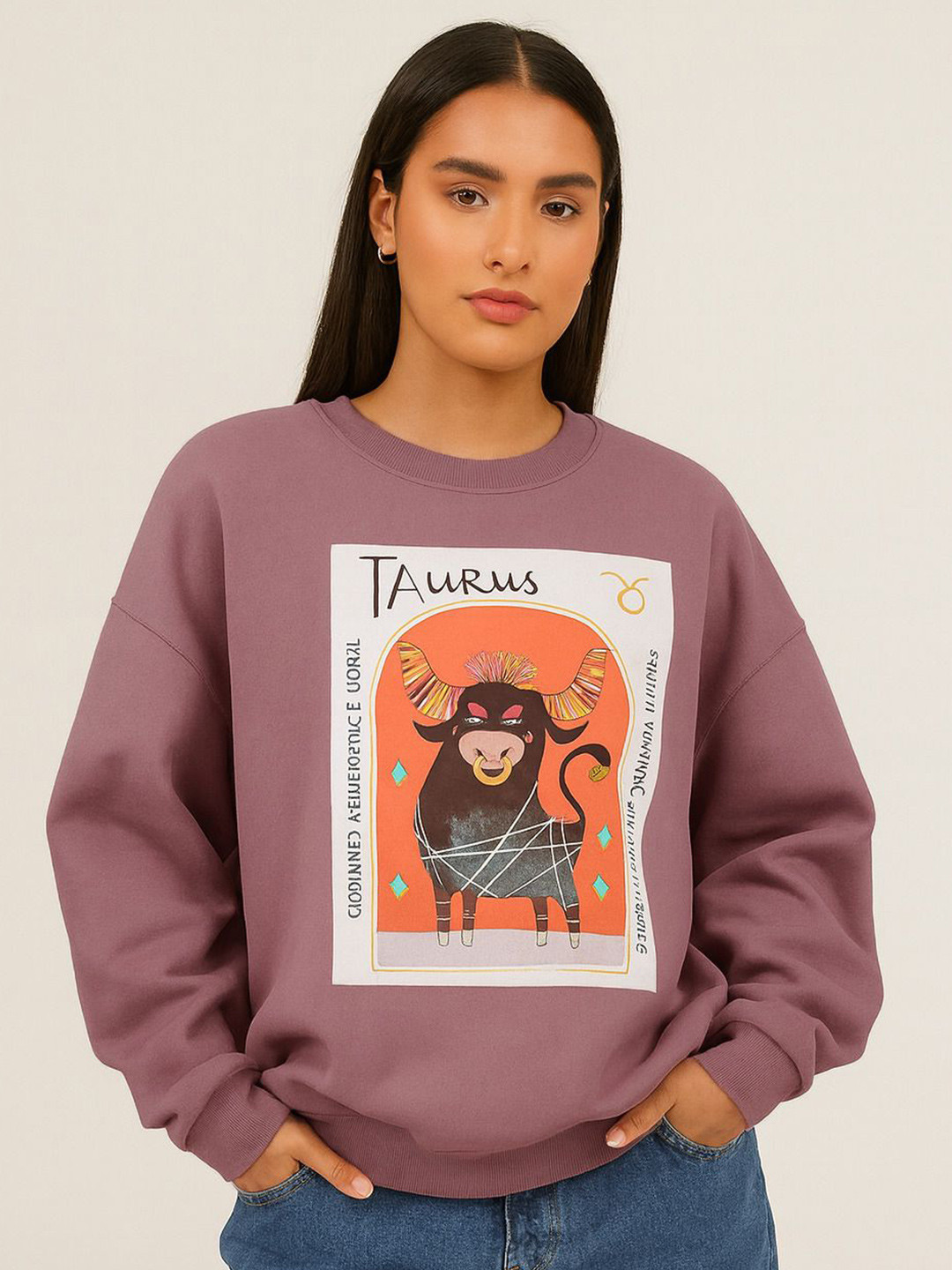 Pookiie Women Taurus Zodiac Printed Fleece Pullover Sweatshirt