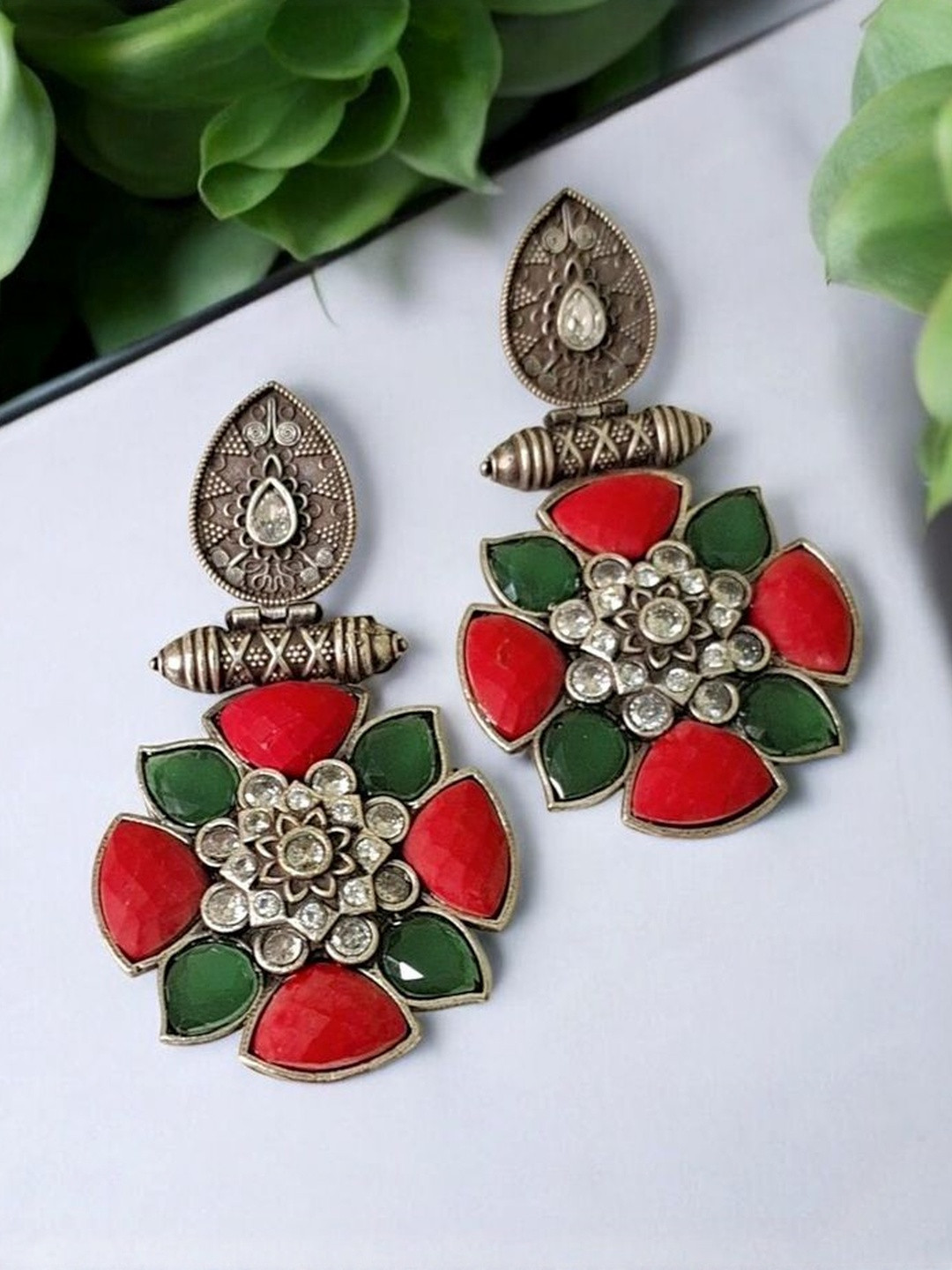 INDIAURA MODE Silver-Plated Artificial Stones Studded Oxidised Floral Drop Earrings