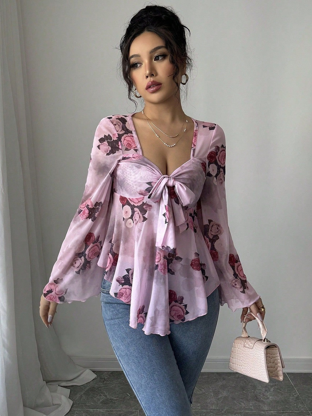 Outzidr Women Pink Bell Sleeves Front Tie-up Top