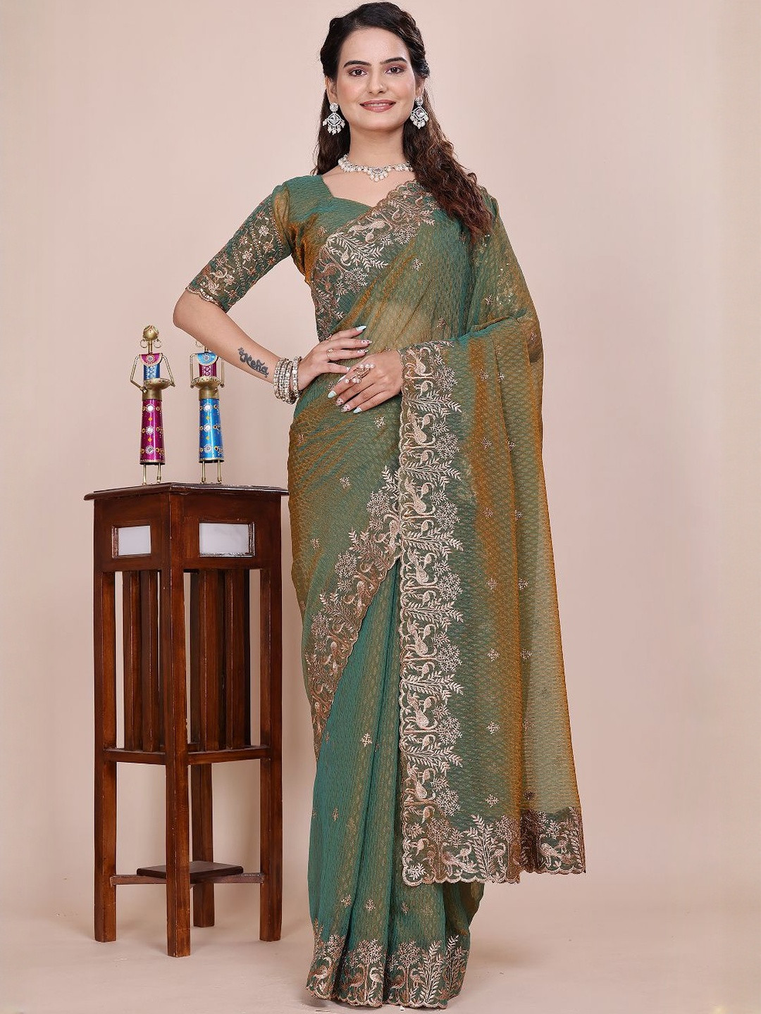 K 5 Fashion Embellished Embroidered Tissue Heavy Work Saree