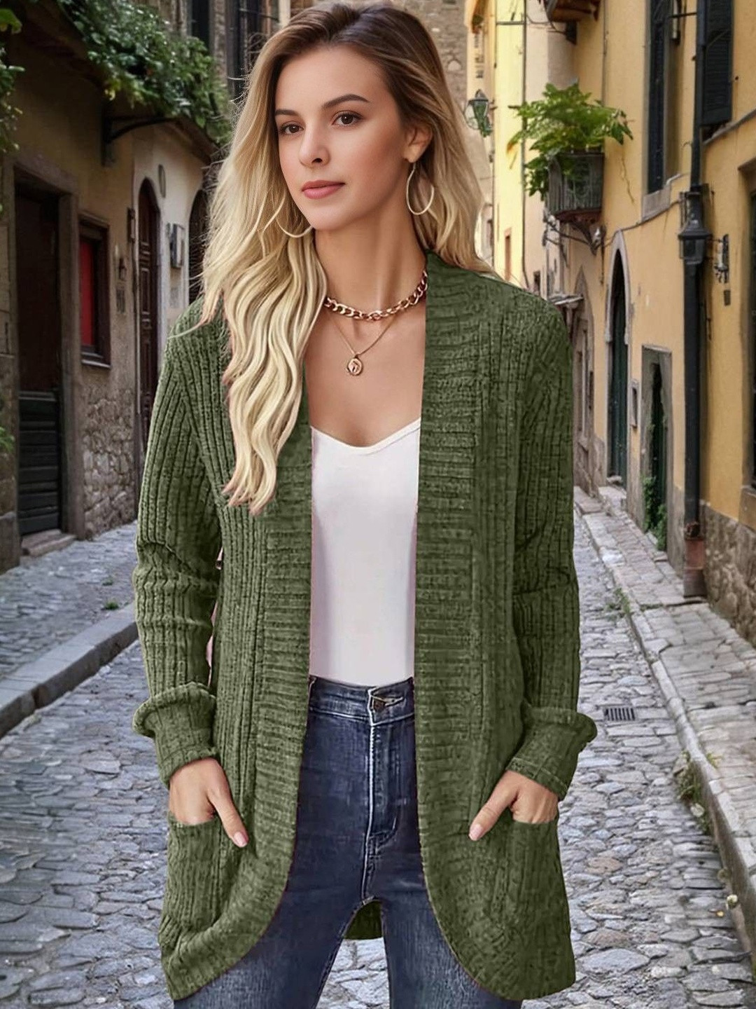 HERE&NOW Women Green Knitted Cardigan