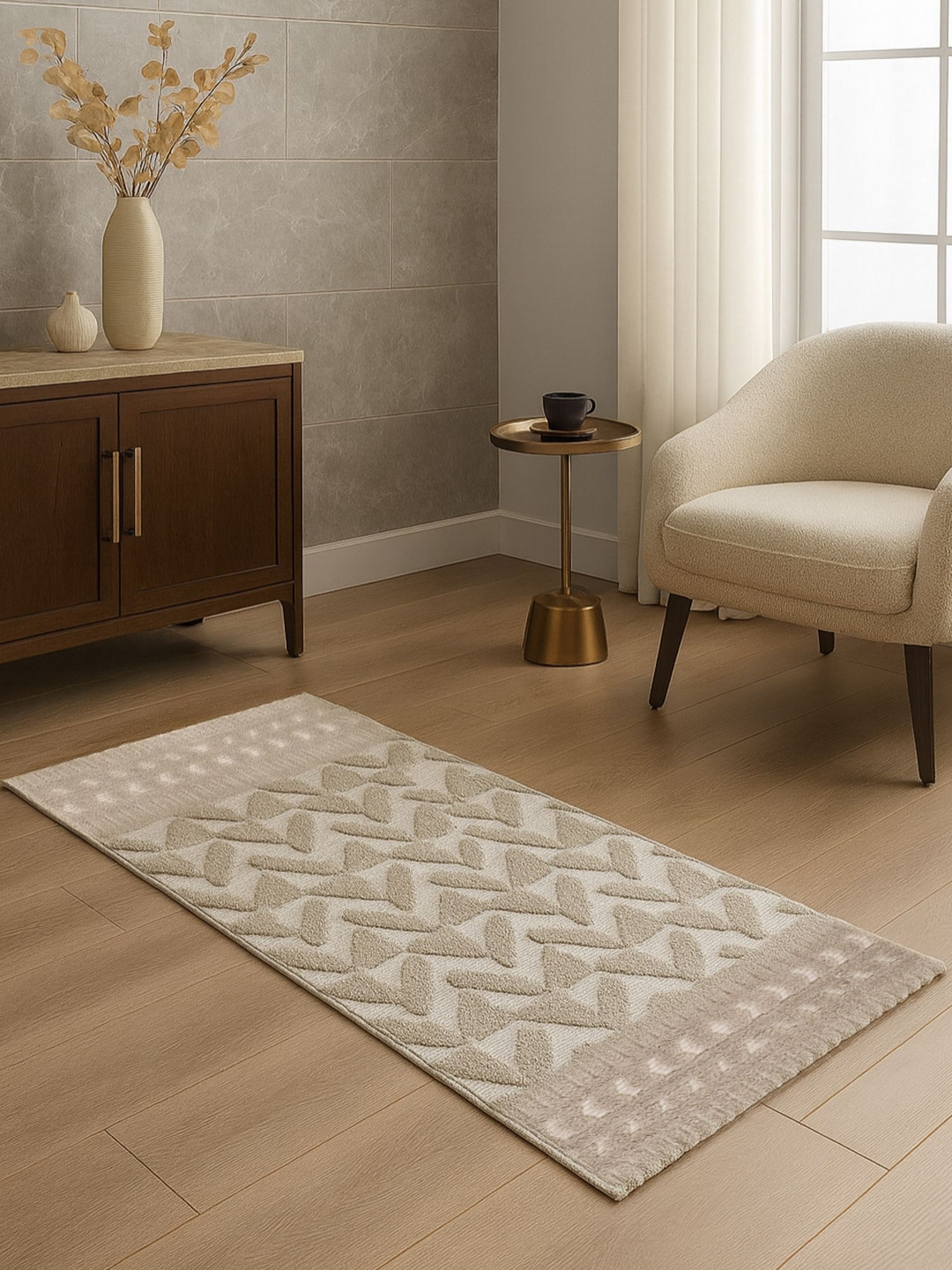 OBSESSIONS Beige & White Neo Classical Antistatic Floor Runner