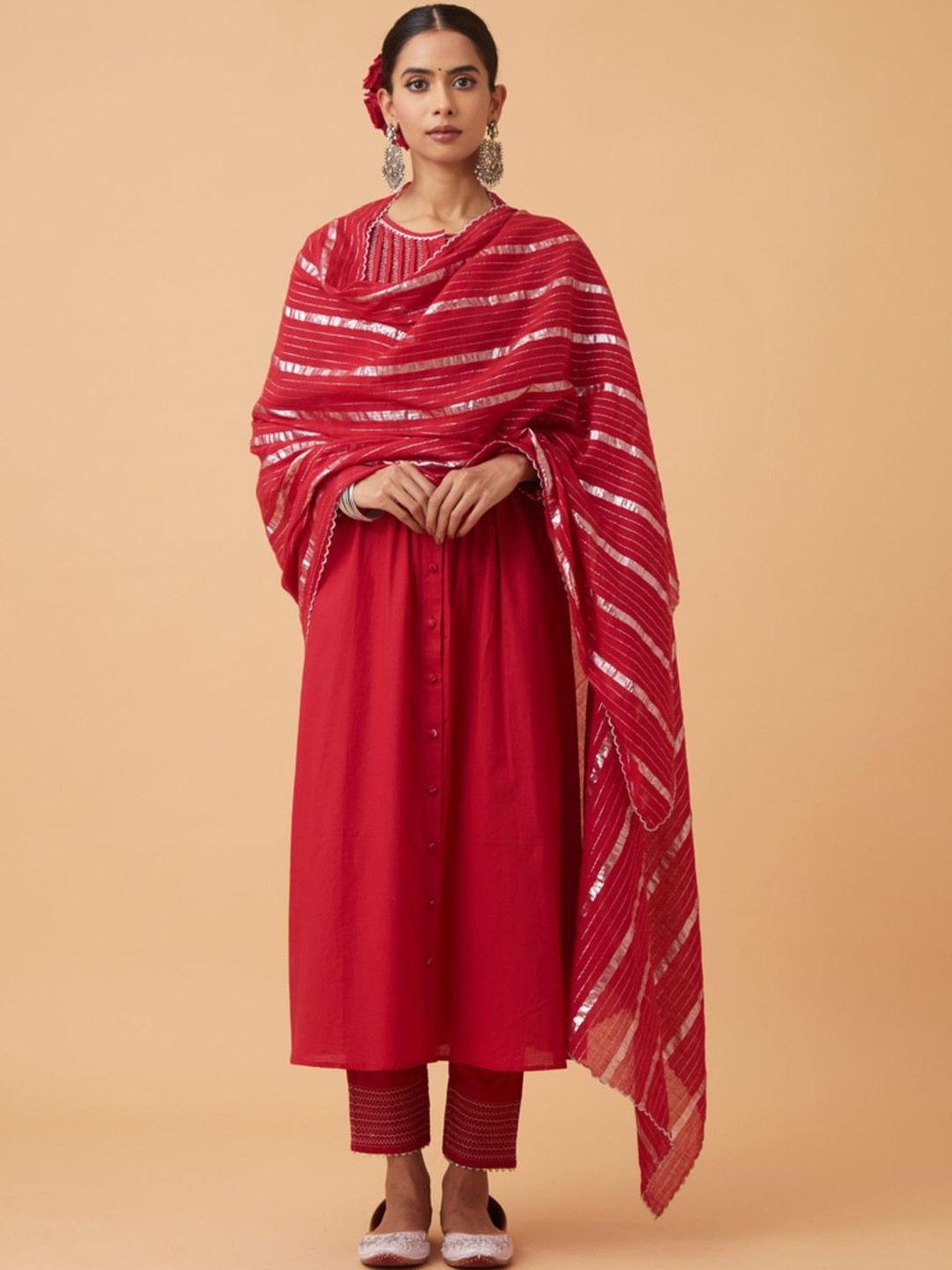 Sonal Kabra Women Ethnic Motifs Embroidered Cotton Kurta with Trousers & Dupatta