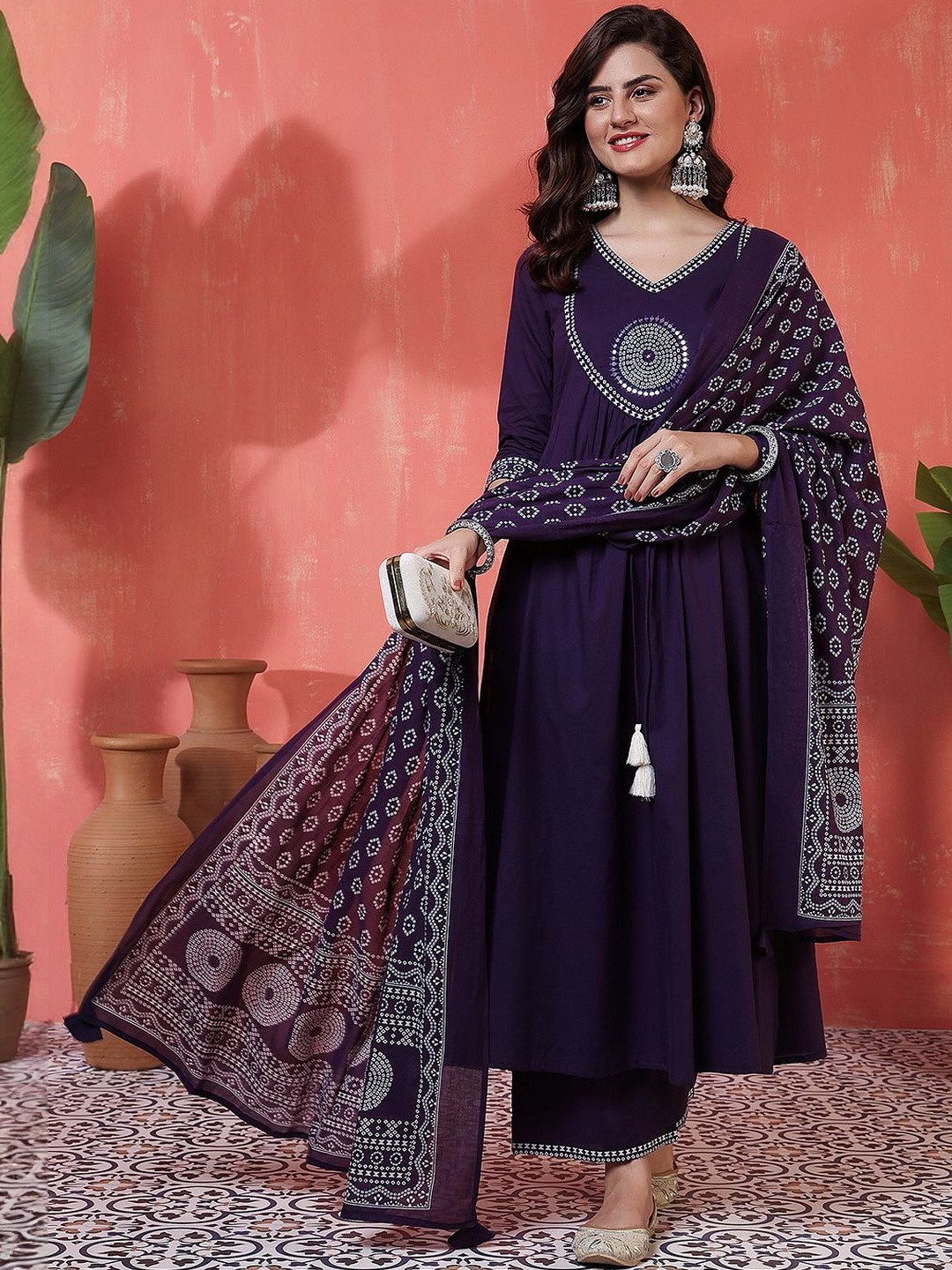 Anouk Mirage  Ethnic Motifs Printed V-Neck A-Line Kurta Wth Trousers & Dupatta