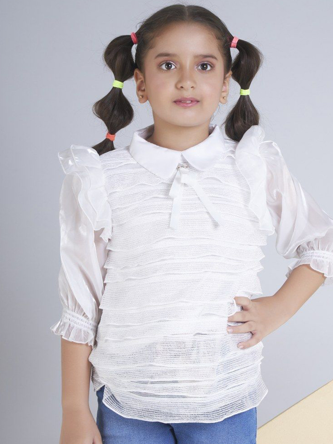 Peppermint Puff Sleeve Ruffles Lace Top