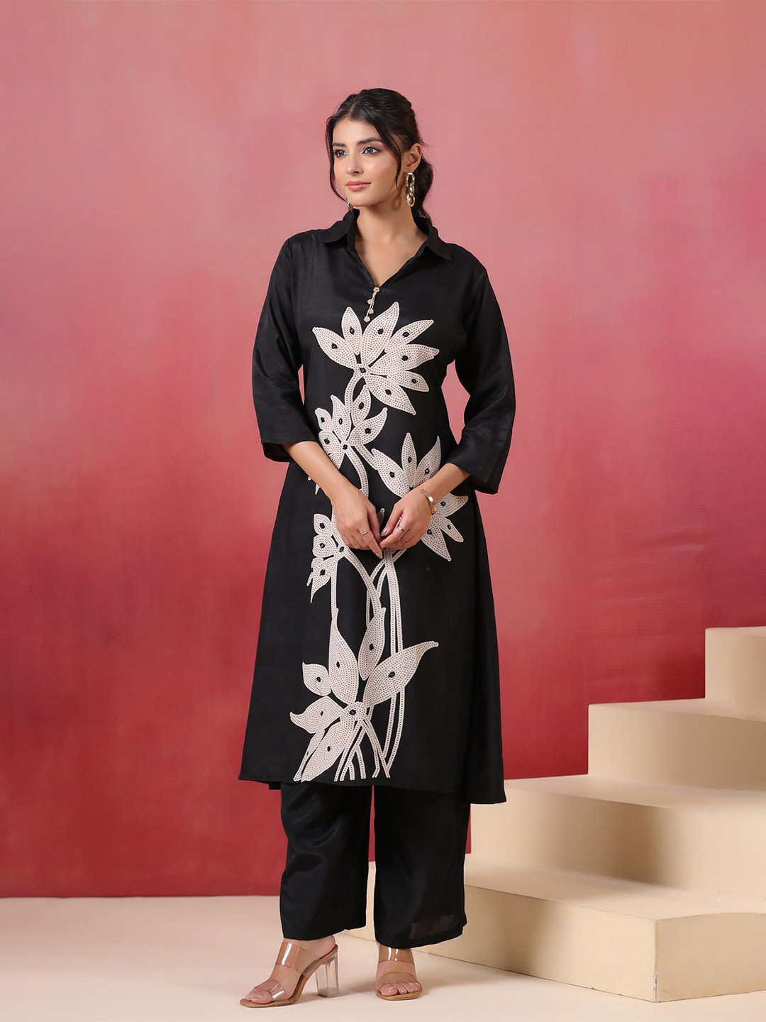 JISORA Floral Printed Shirt Collar Russian Silk Tunic With Palazzo Co-Ords