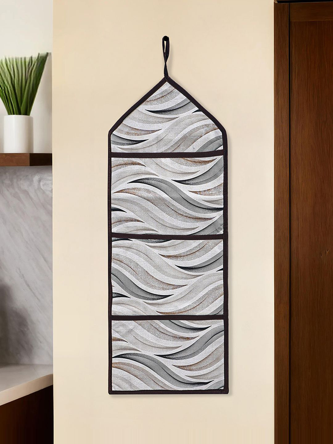 Kuber Industries Cream-Coloured & Grey Printed Wall Hanging Document Bag With 3 Pockets