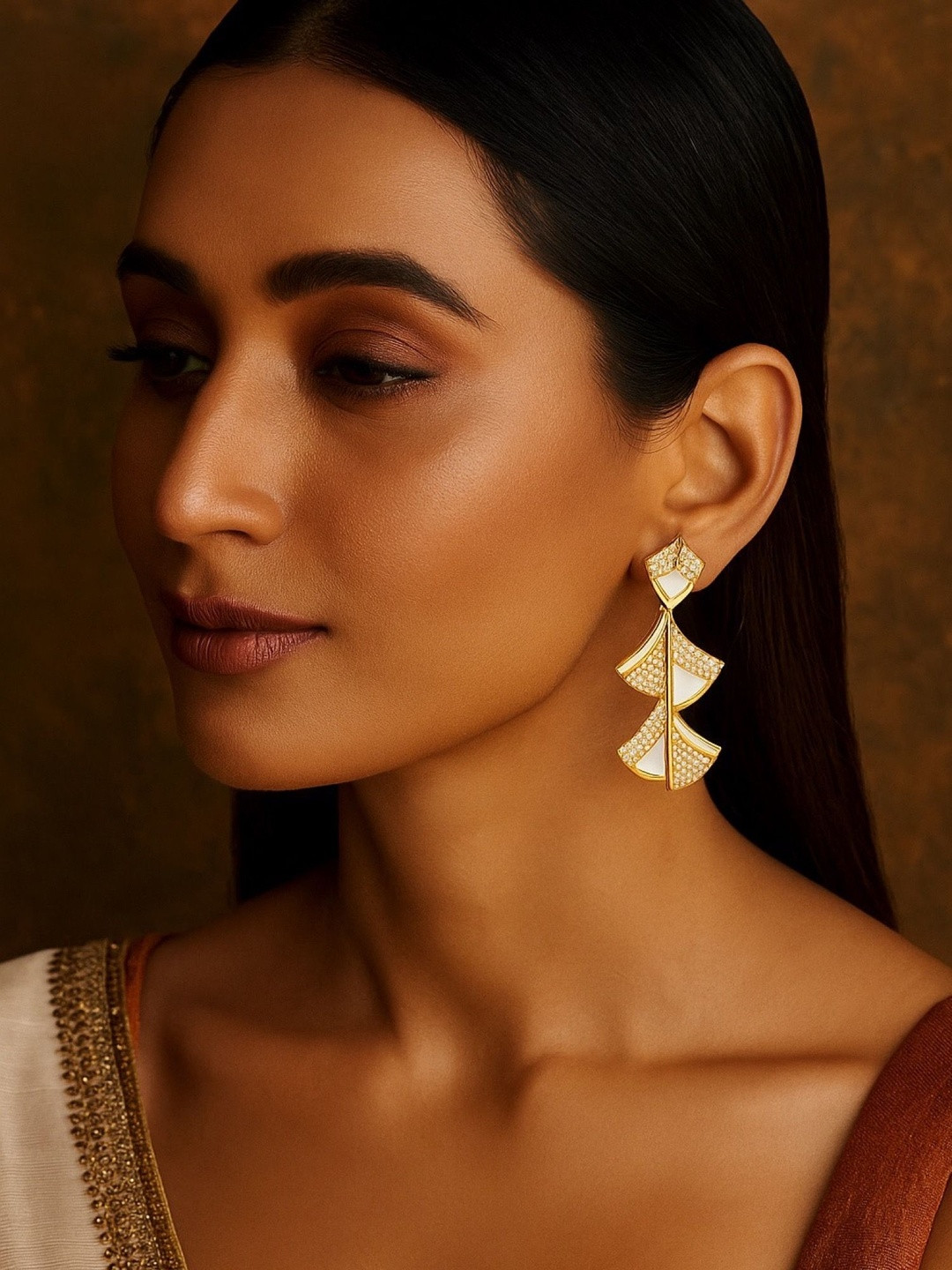 Digital Dress Room Gold-Plated American Diamond And Pearls Studded Geometric Drop Earrings