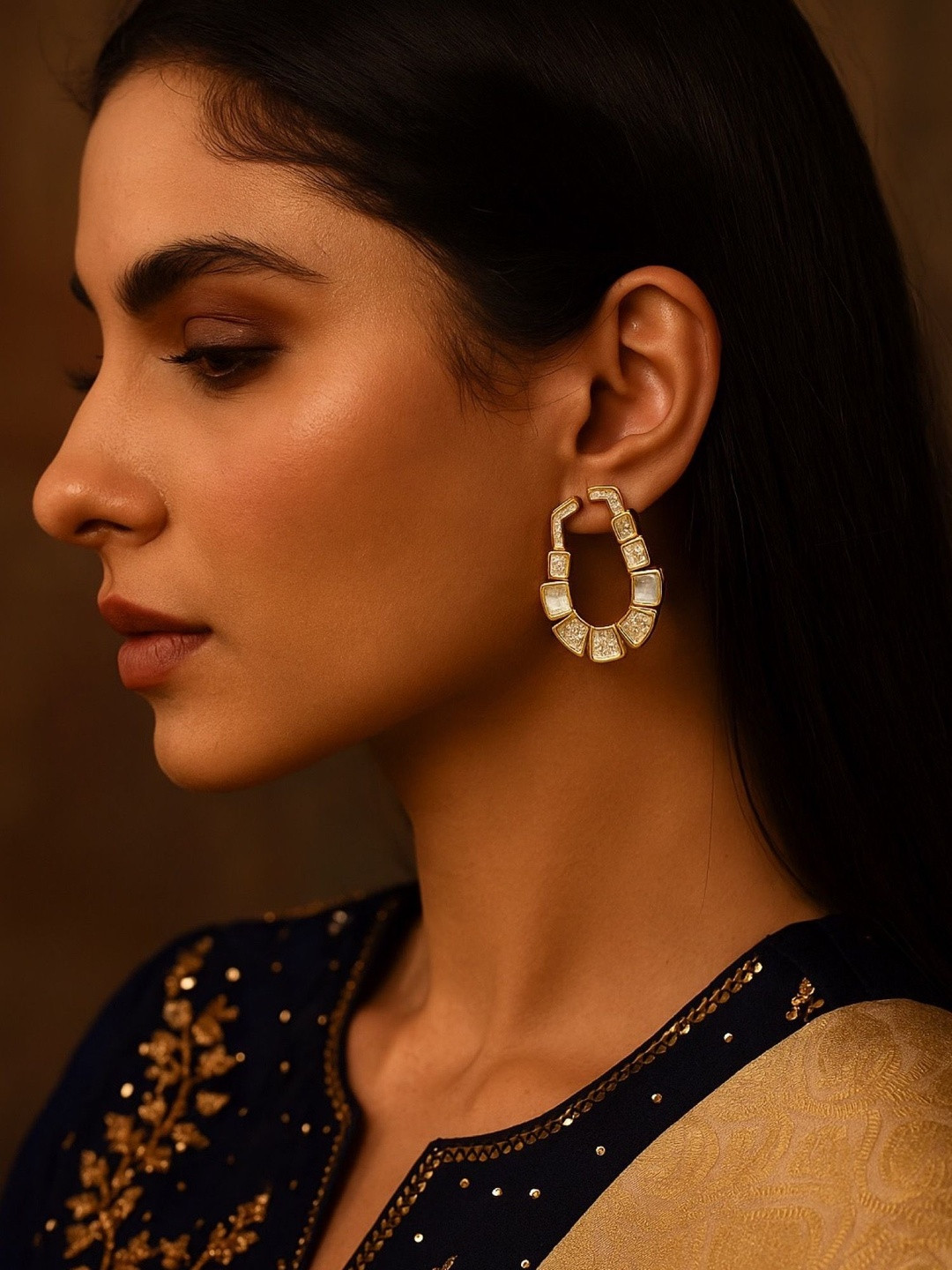 Digital Dress Room Gold-Plated American Diamond And Pearls Studded Geometric Studs