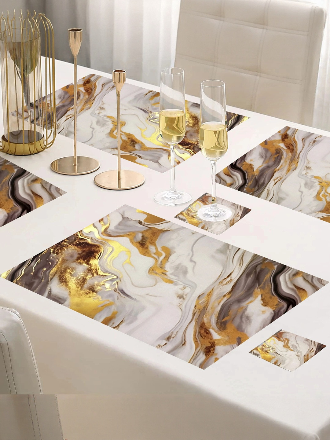 LaVichitra Pack Of 12 Brown & Gold & White Rectangular Table Placemats