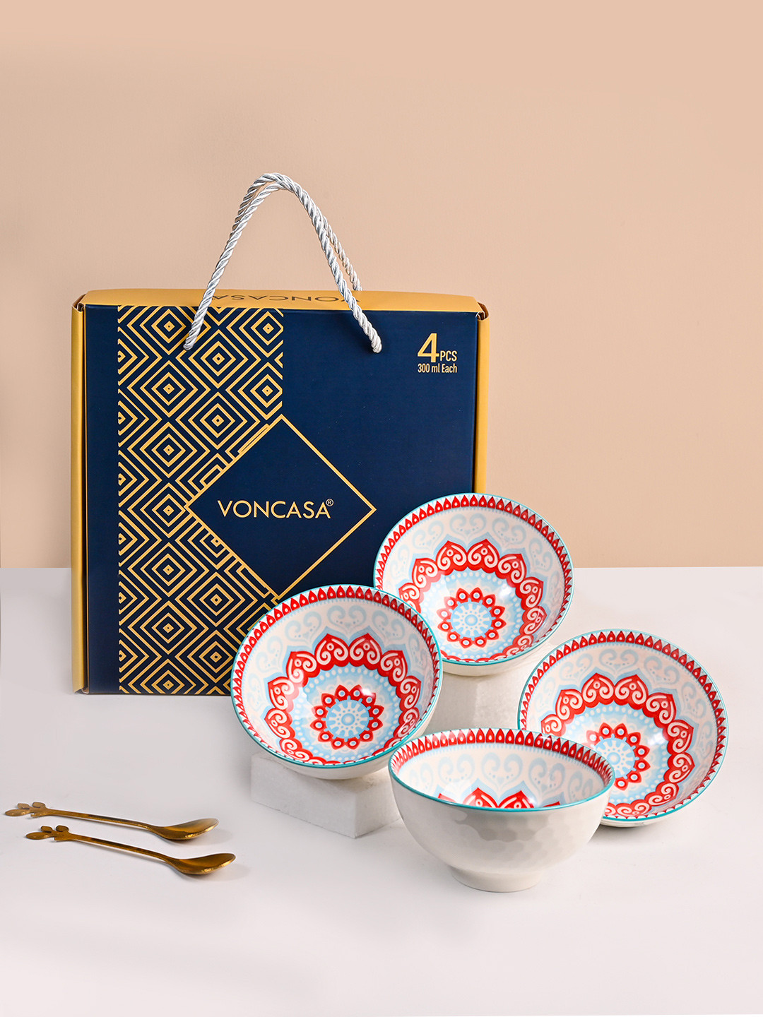 MARKET99 Blue & Orange 4 Pieces Pad Printed Ceramic Bowls