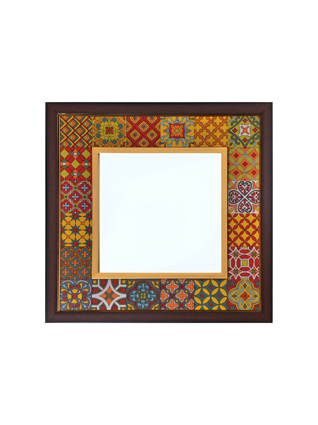 Creative Touch Red & Brown Printed Wooden Square Shaped Wall Mirror