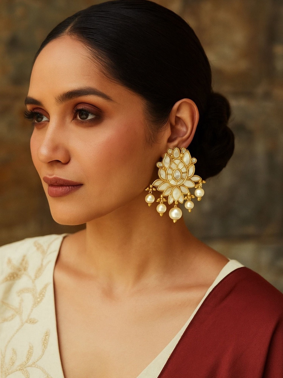 Digital Dress Room Gold-Plated Pearls Studded And Beaded Lotus Flower Drop Earrings