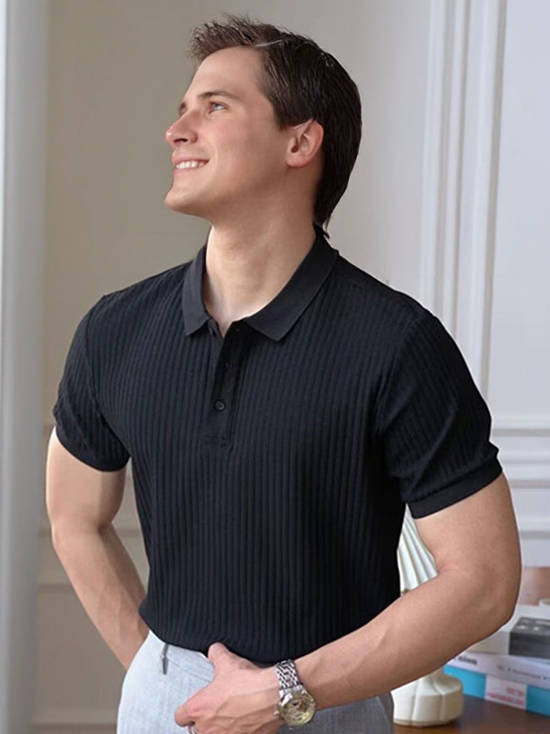 StyleCast Men Muscle Fit Self Design Polo Collar T-shirt
