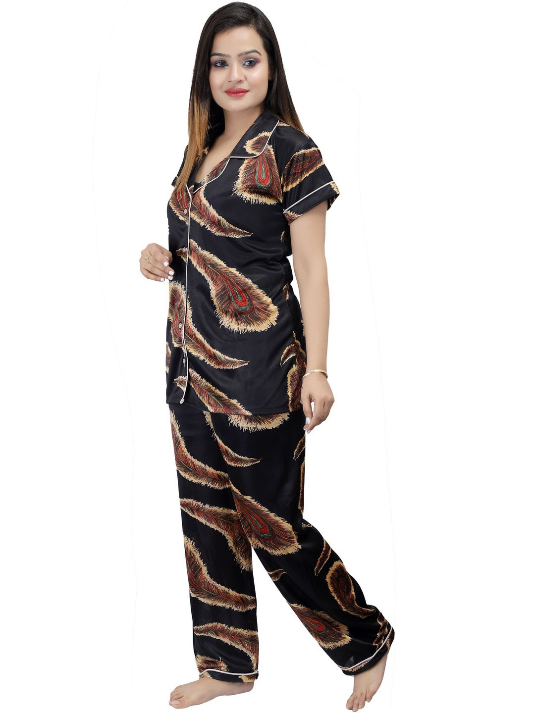 Clothus Graphic Printed Lapel Collar Satin Short Sleeves Night Suits