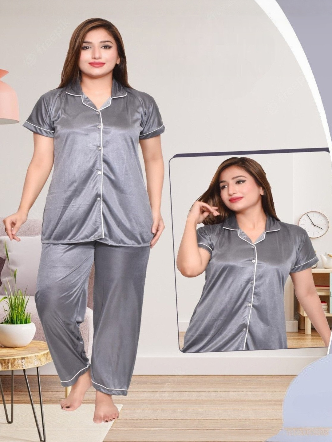 Clothus Lapel Collar Satin Short Sleeves Night Suits