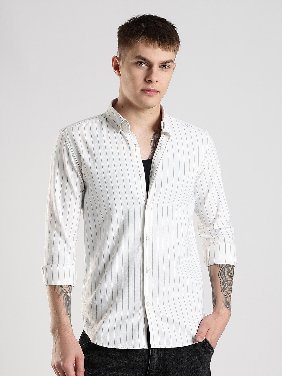 NEVER NEUD Men Classic Slim Fit Vertical Striped Button-Down Collar Cotton Casual Shirt