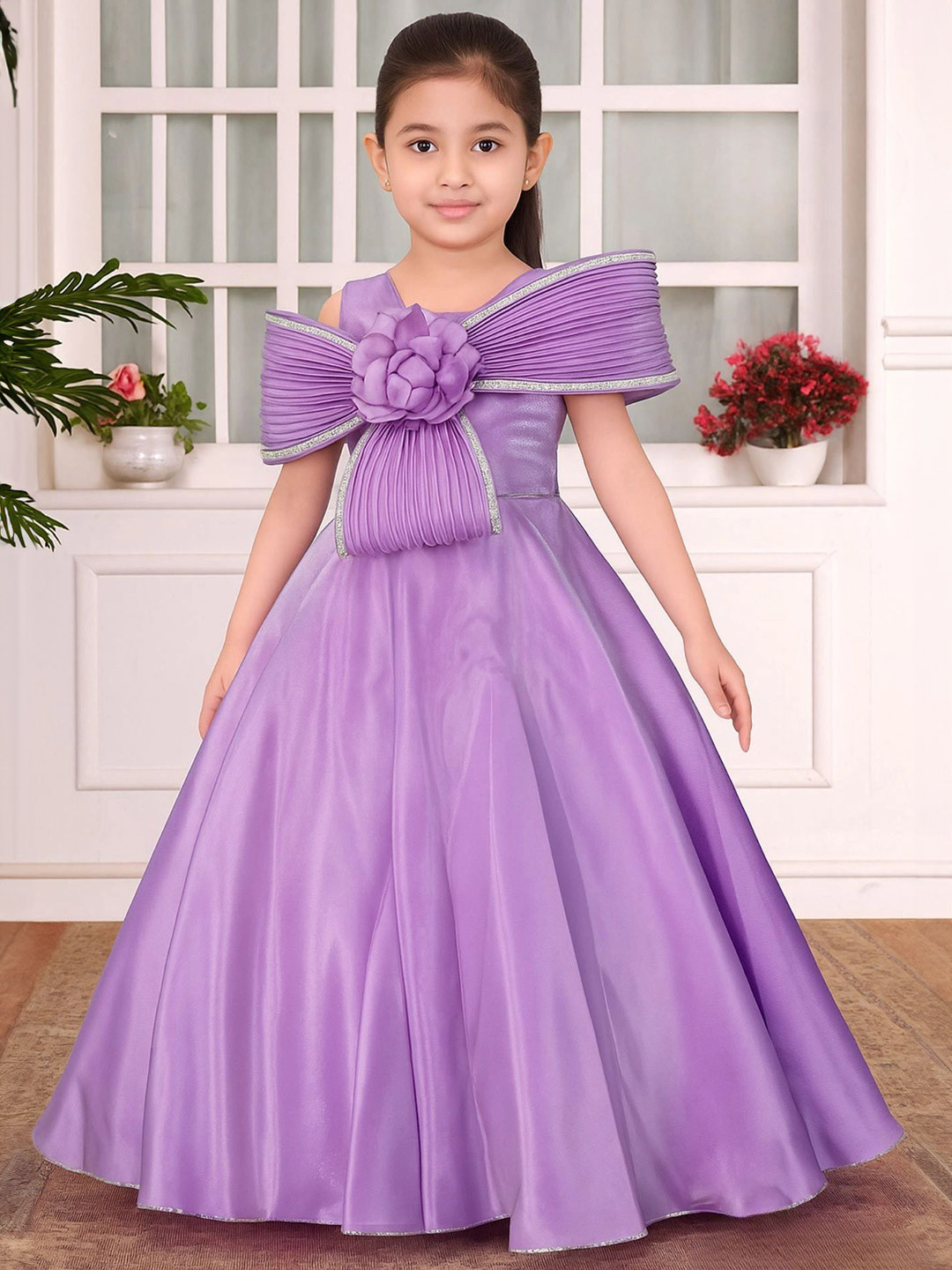 Lagorii Girls Party Wear Gown with Oversized Pleated Bow and Rosette Embellishment