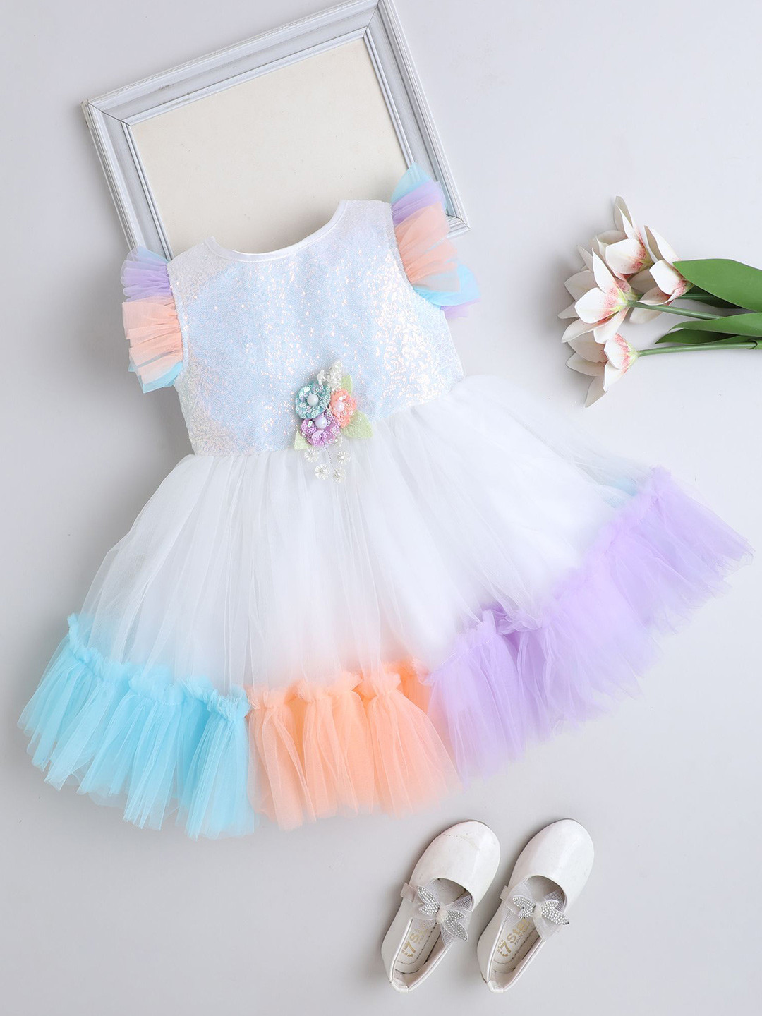 The Magic Wand Girls Embellished Sequined Lace Frills Bows and Ruffles Fit & Flare Dress