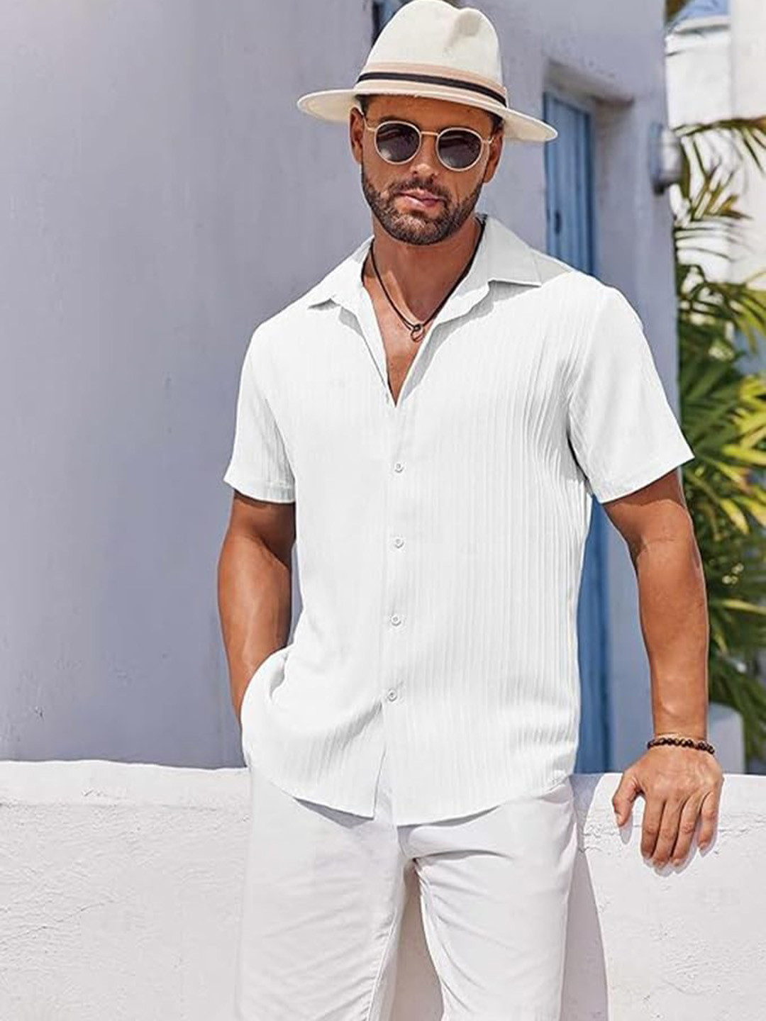 CB-COLEBROOK Men Textured Cuban Collar Linen Casual Shirt