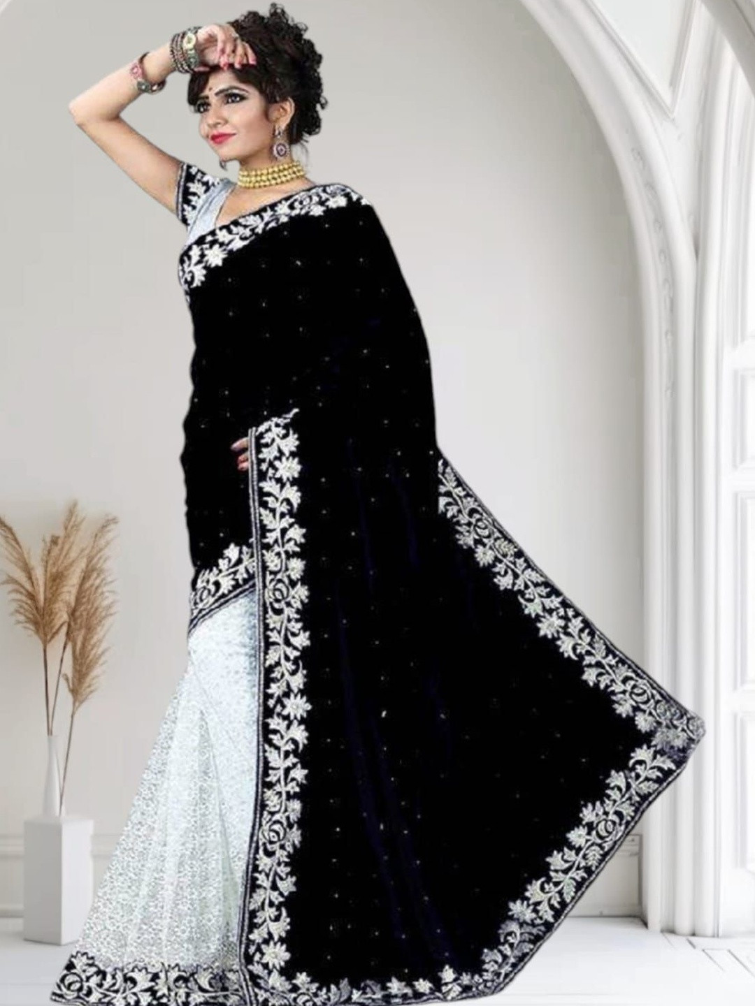 fashion field Embroidered Beads & Stones Detail Velvet Half And Half Saree