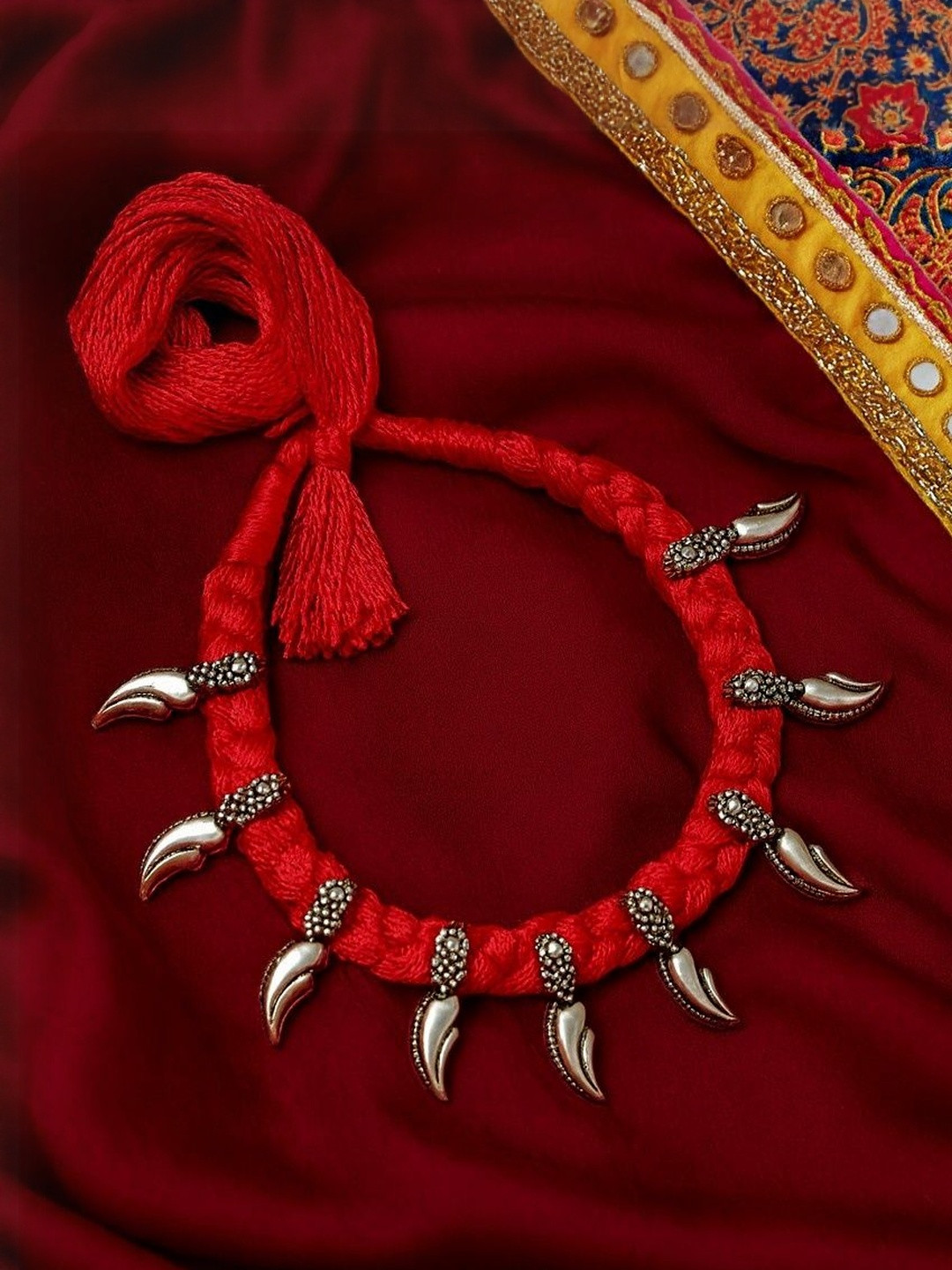 athizay Women Red & Silver-Toned Brass Oxidized Thread Necklace