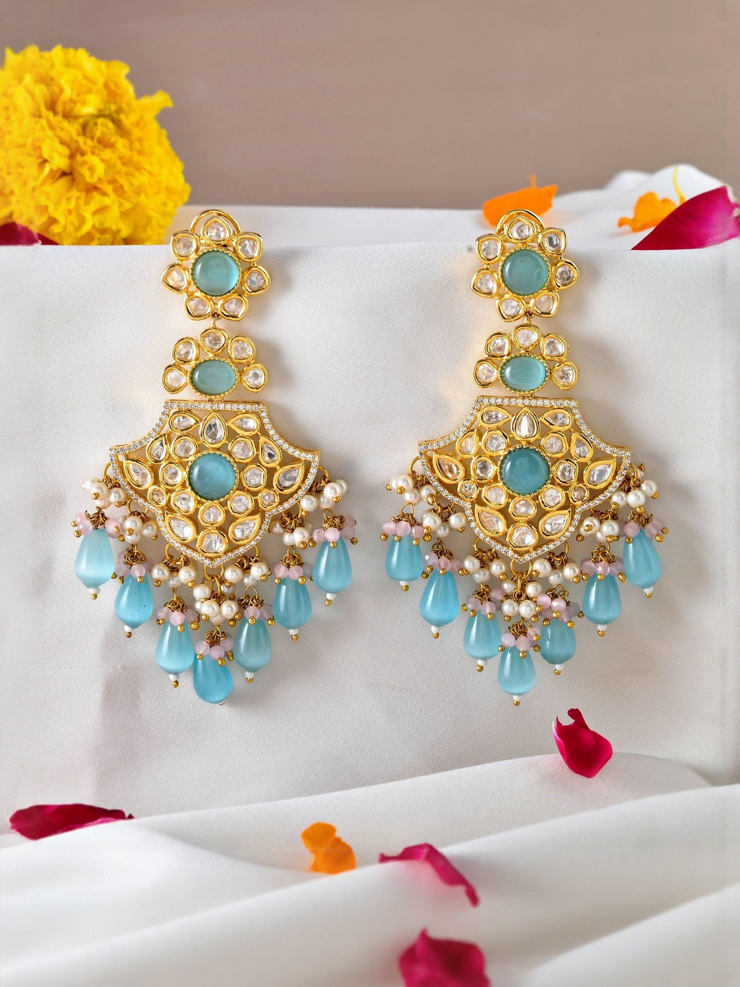Richlook Rhodium-Plated Kundan Studed And Pearls Beaded Contemporary Drop Earrings