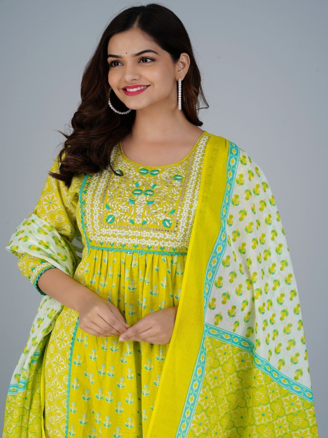 NEW ICON COLLECTION Ethnic Motifs Printed Anarkali Mirror Work Pure Cotton Kurta Set